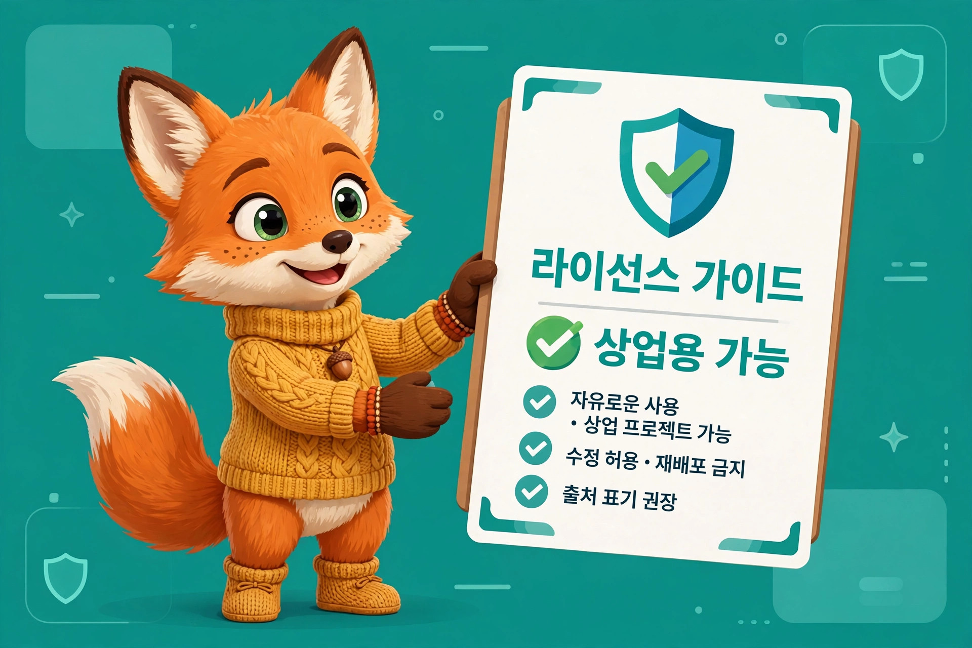 귀여운 여우 캐릭터가 '라이선스 가이드'라는 제목의 표지판을 들고 있으며, 상업적 사용 가능성에 대한 체크리스트를 보여줍니다. 배경은 청록색으로, 캐릭터는 노란색 스웨터를 입고 있습니다.