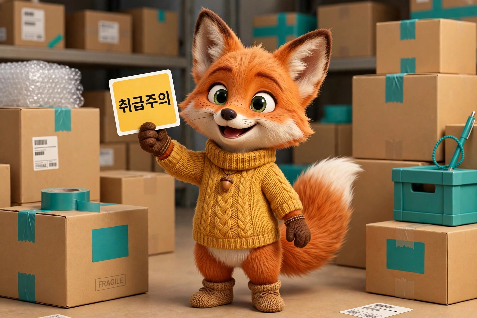 귀여운 여우 캐릭터가 노란색 경고 표지를 들고 있는 모습, 배경에는 포장된 상자들이 쌓여 있는 창고 환경.