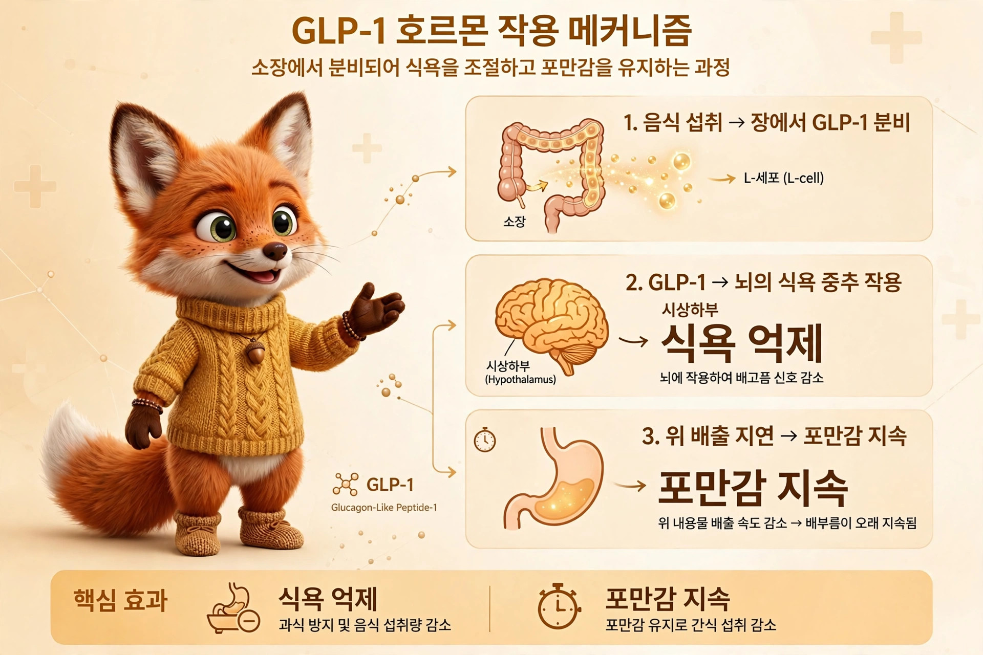 GLP-1 호르몬 작용 메커니즘을 설명하는 이미지로, 식사 섭취 후 장에서 GLP-1이 분비되고 뇌에서 식욕 조절을 통해 포만감을 유지하는 과정을 나타냄. 귀여운 여우 캐릭터가 중심에 위치하며, 각 단계에 대한 시각적 설명이 포함됨.