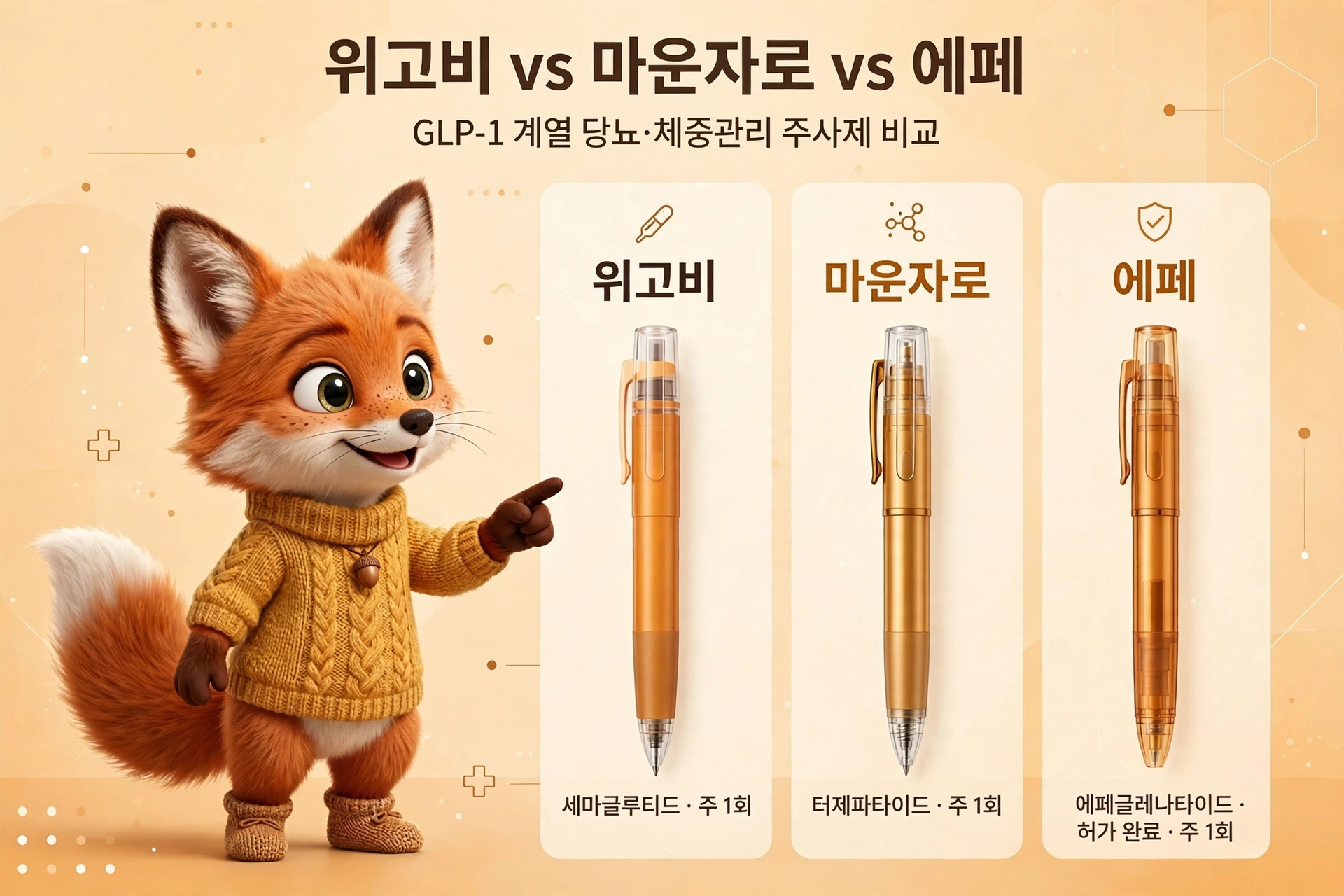 위고비, 마운자로, 에페의 GLP-1 계열 당뇨 및 체중 관리 주사제 비교 이미지, 귀여운 여우 캐릭터가 강조된 디자인.