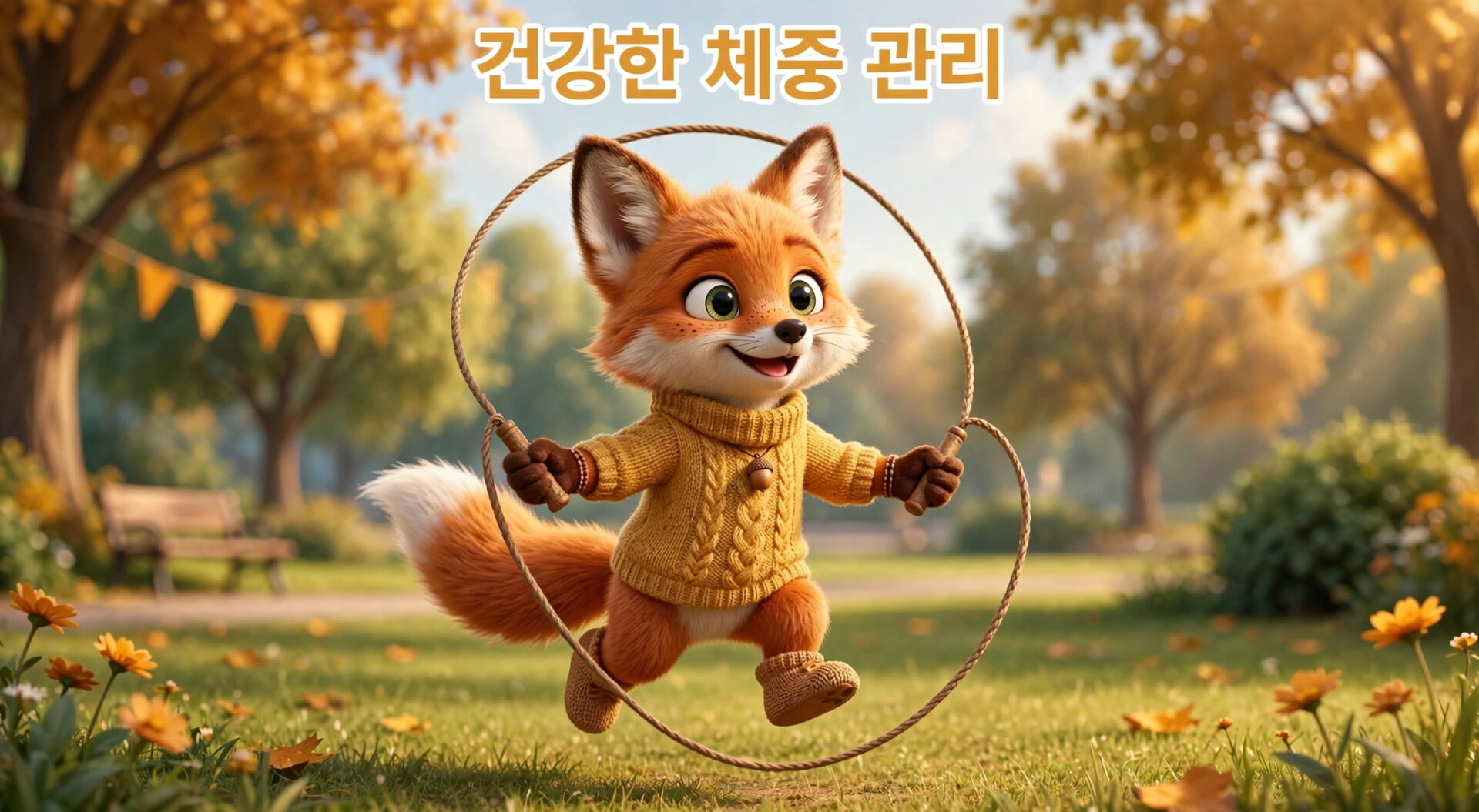 귀여운 여우 캐릭터가 노란 스웨터를 입고 줄넘기를 하며 즐거운 시간을 보내고 있는 모습. 배경에는 가을의 나무와 꽃들이 어우러져 있는 공원이 보인다.