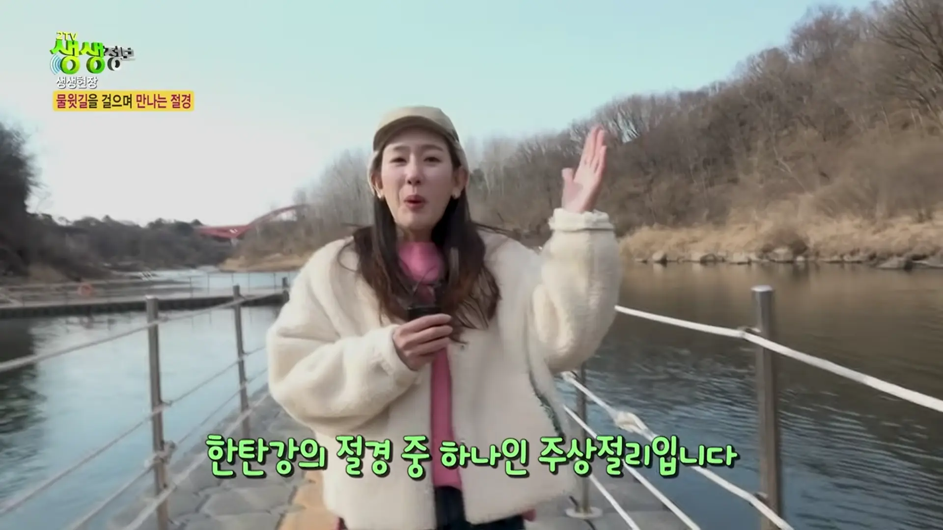 KBS 생생정보 한탄강 물윗길 영상 캡처: 부교 위에서 주상절리를 설명하는 장면