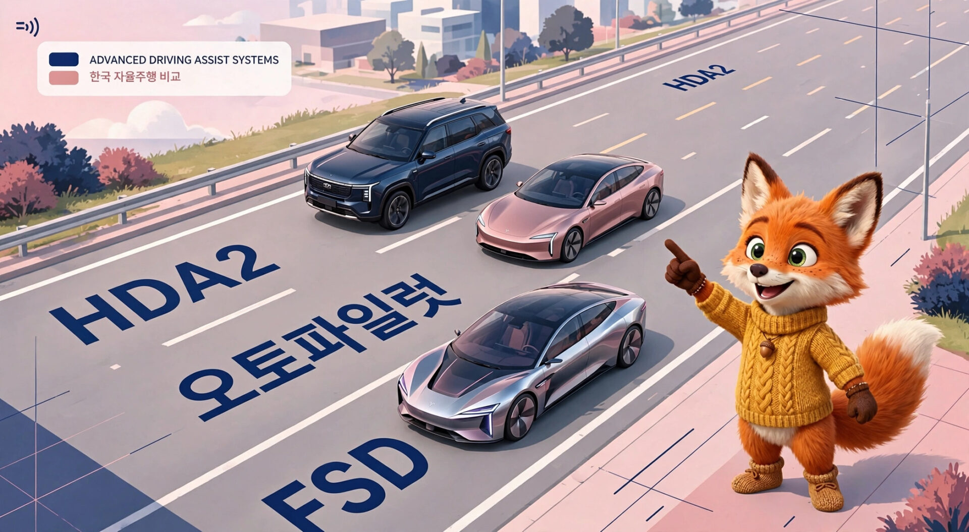 자동차와 애니메이션 캐릭터가 도로 위에 있는 이미지로, HDA2, 오토파일럿, FSD와 같은 고급 운전 보조 시스템을 강조합니다. 배경에는 현대적인 도시 풍경이 보입니다.