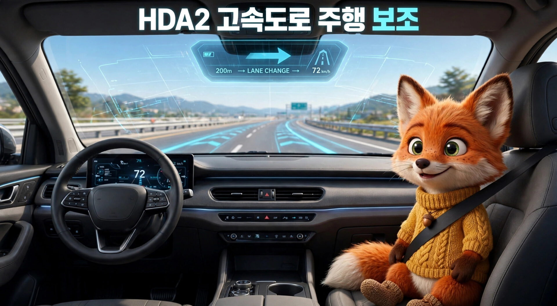 고속도로에서 HDA2 자율 주행 기능을 사용하는 차량 내부 모습. 운전대와 디지털 대시보드, 안전벨트를 착용한 귀여운 여우 캐릭터가 보이며, 차선 변경 안내가 표시된 화면이 특징입니다.
