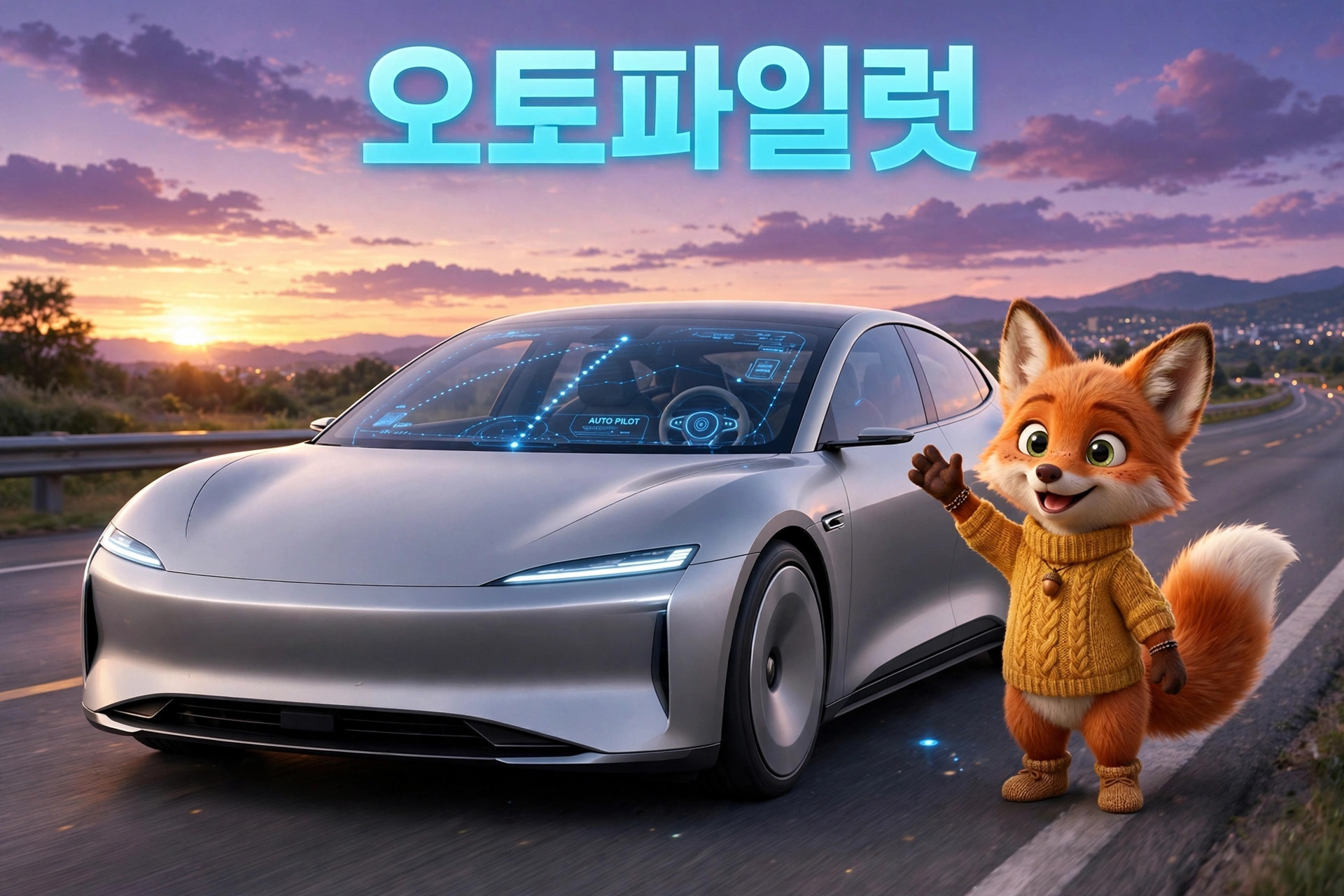 자동차와 함께 서 있는 귀여운 여우 캐릭터, 배경에는 석양이 비치는 도로가 보이며, 차량의 대시보드에는 자동 운전 기능을 나타내는 디지털 인터페이스가 표시되어 있습니다.