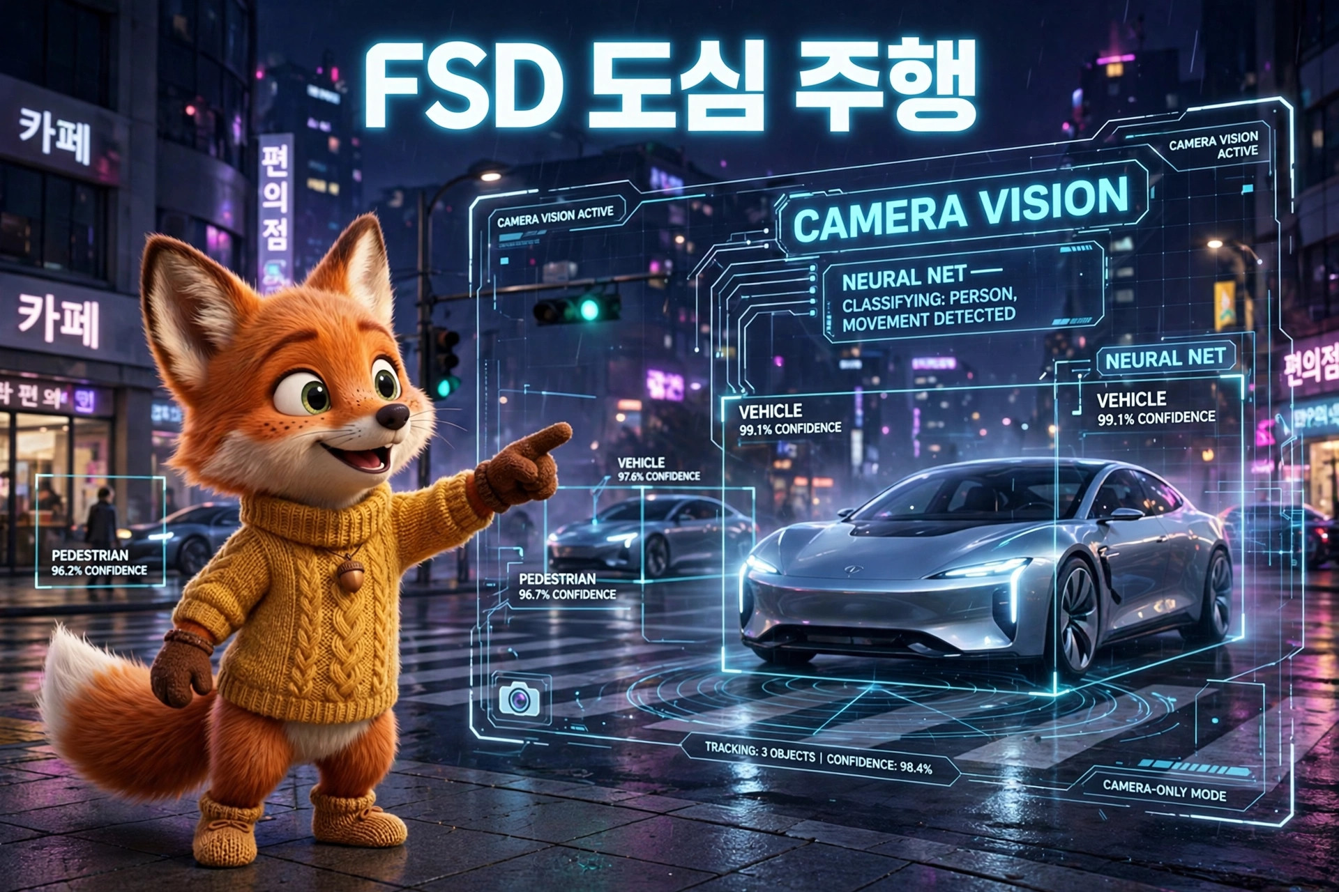 FSD 도심 주행을 보여주는 귀여운 여우 캐릭터가 카메라 비전을 통해 보행자와 차량을 인식하는 장면. 차량의 인식 확률과 신뢰도 데이터가 표시되어 있으며, 도시의 야경이 배경으로 보인다.