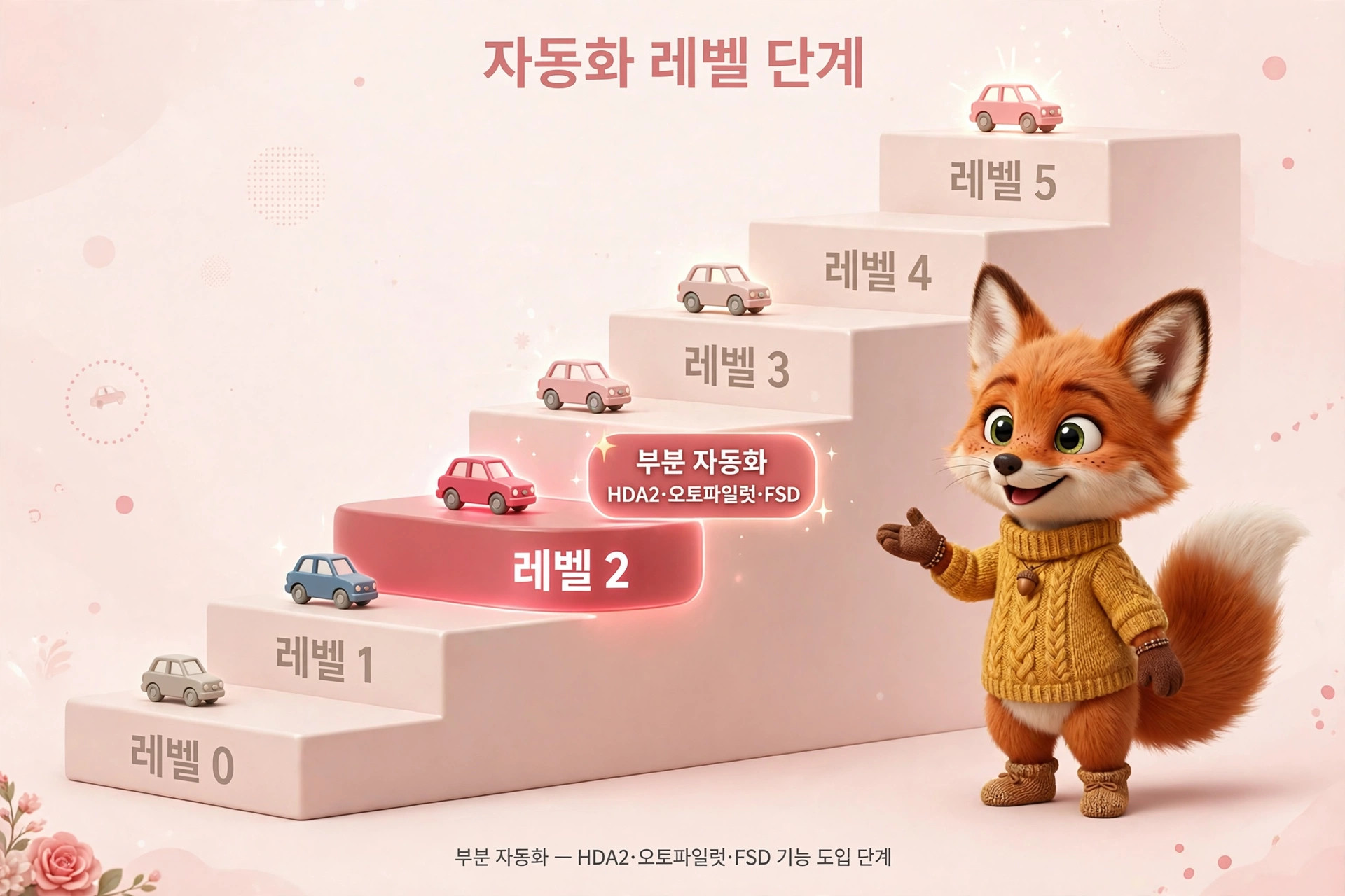 자동차 자율주행 레벨 단계 설명 이미지, 레벨 0부터 5까지의 단계와 함께 귀여운 여우 캐릭터가 등장하여 HDA2 및 오토파일럿 FSD 기능을 소개함.