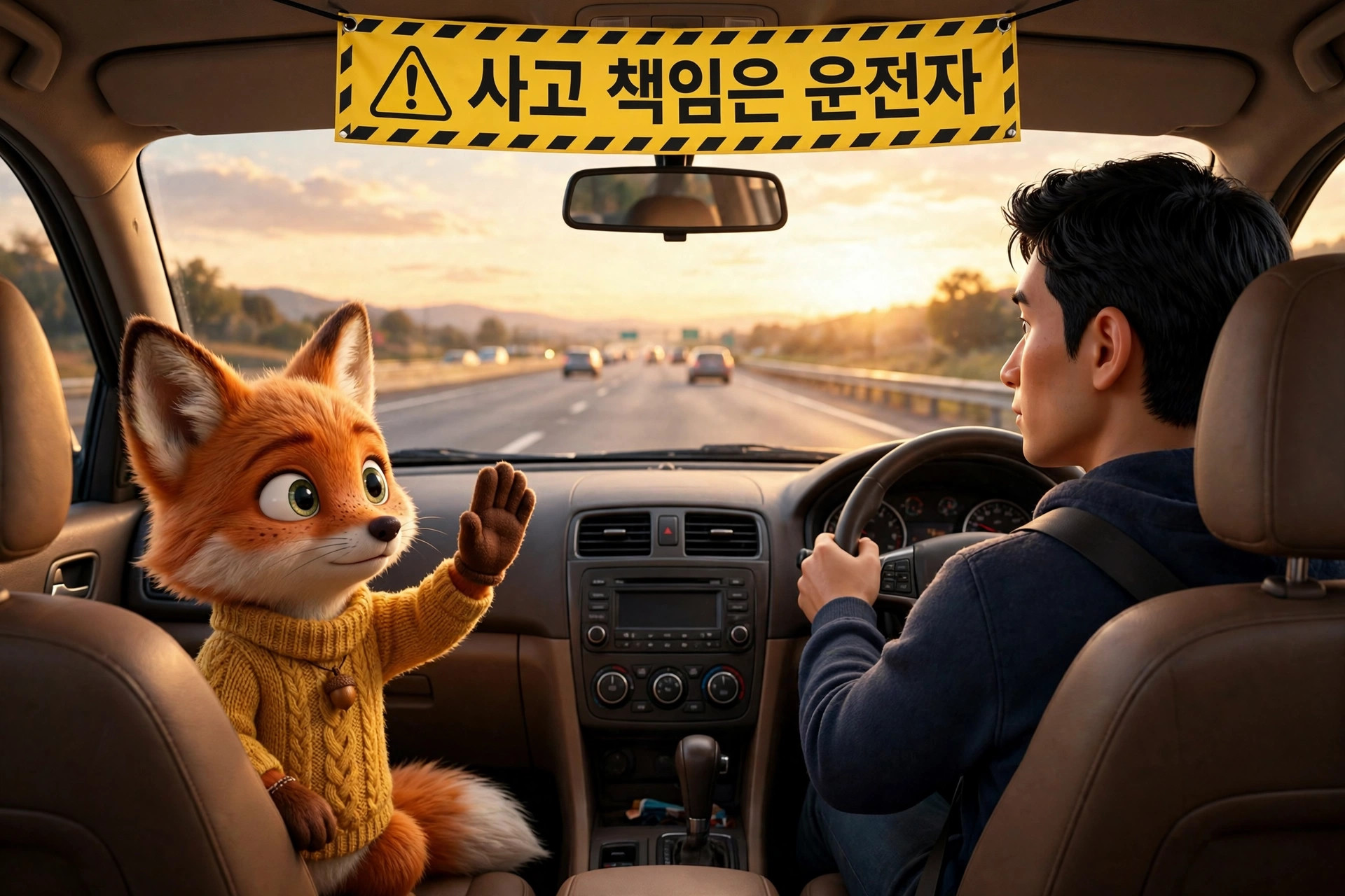 운전 중인 남성과 귀여운 여우 캐릭터가 있는 자동차 내부 모습. 차량 앞 유리에 '사고 책임은 운전자'라는 경고 문구가 걸려 있으며, 배경에는 고속도로와 저녁 노을이 보인다.
