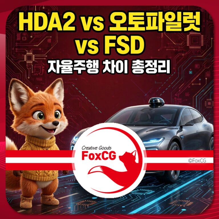 HDA2, 오토파일럿, FSD의 자율주행 기술 비교 이미지, 귀여운 여우 캐릭터와 현대적인 자율주행차가 배경에 있음.