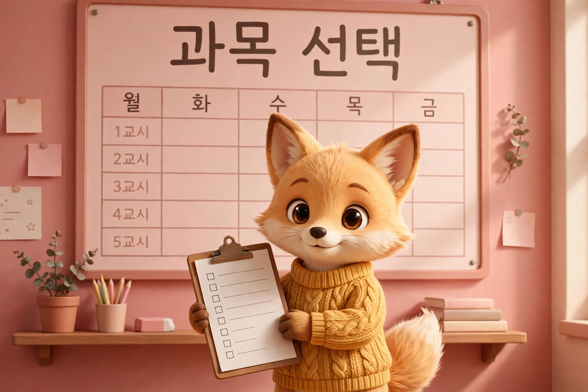 과목 선택 체크리스트를 들고 시간표 앞에서 안내하는 여우 캐릭터 일러스트