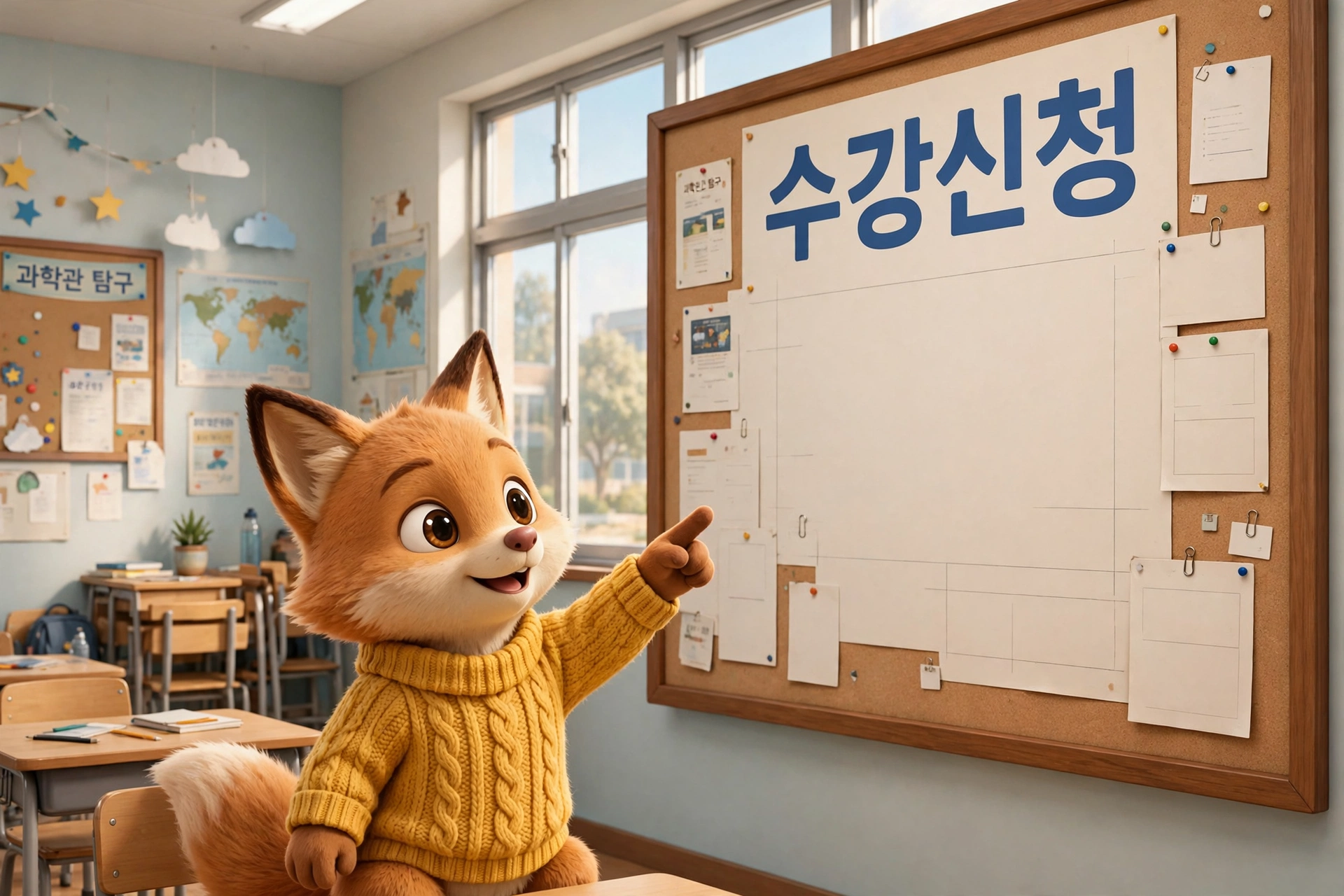 수강신청 게시판을 가리키며 안내하는 여우 캐릭터 일러스트