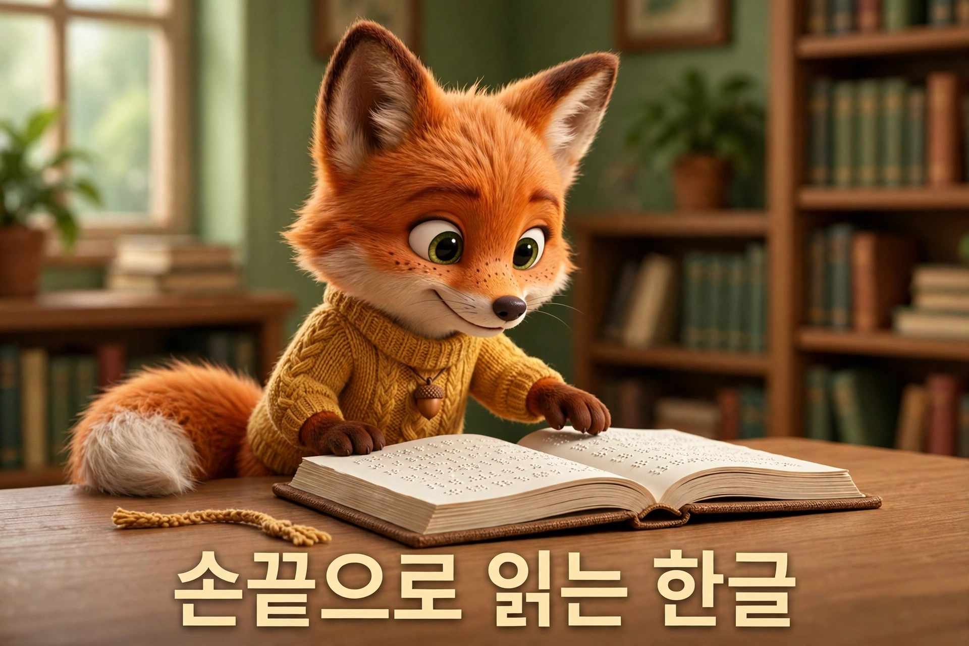 점자책을 읽는 여우 캐릭터 일러스트