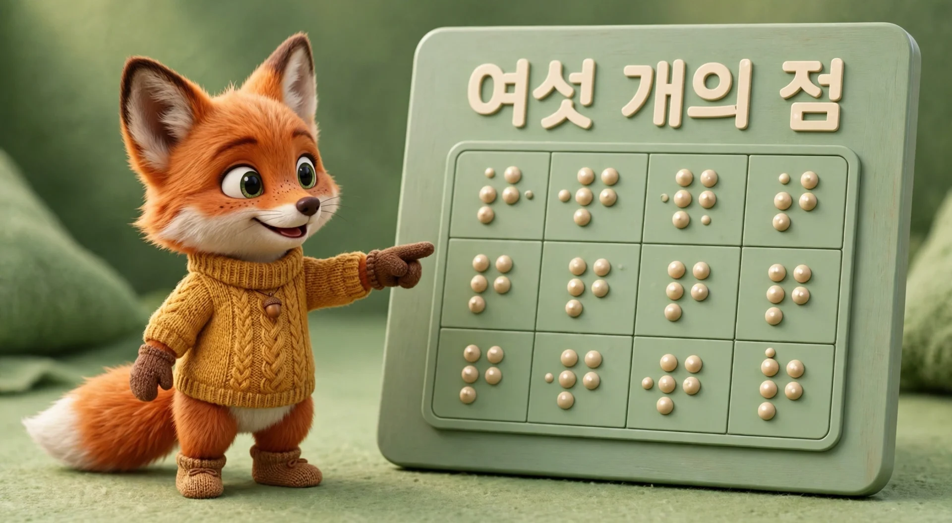 여섯 개의 점으로 이뤄진 점자판을 설명하는 여우 캐릭터 일러스트