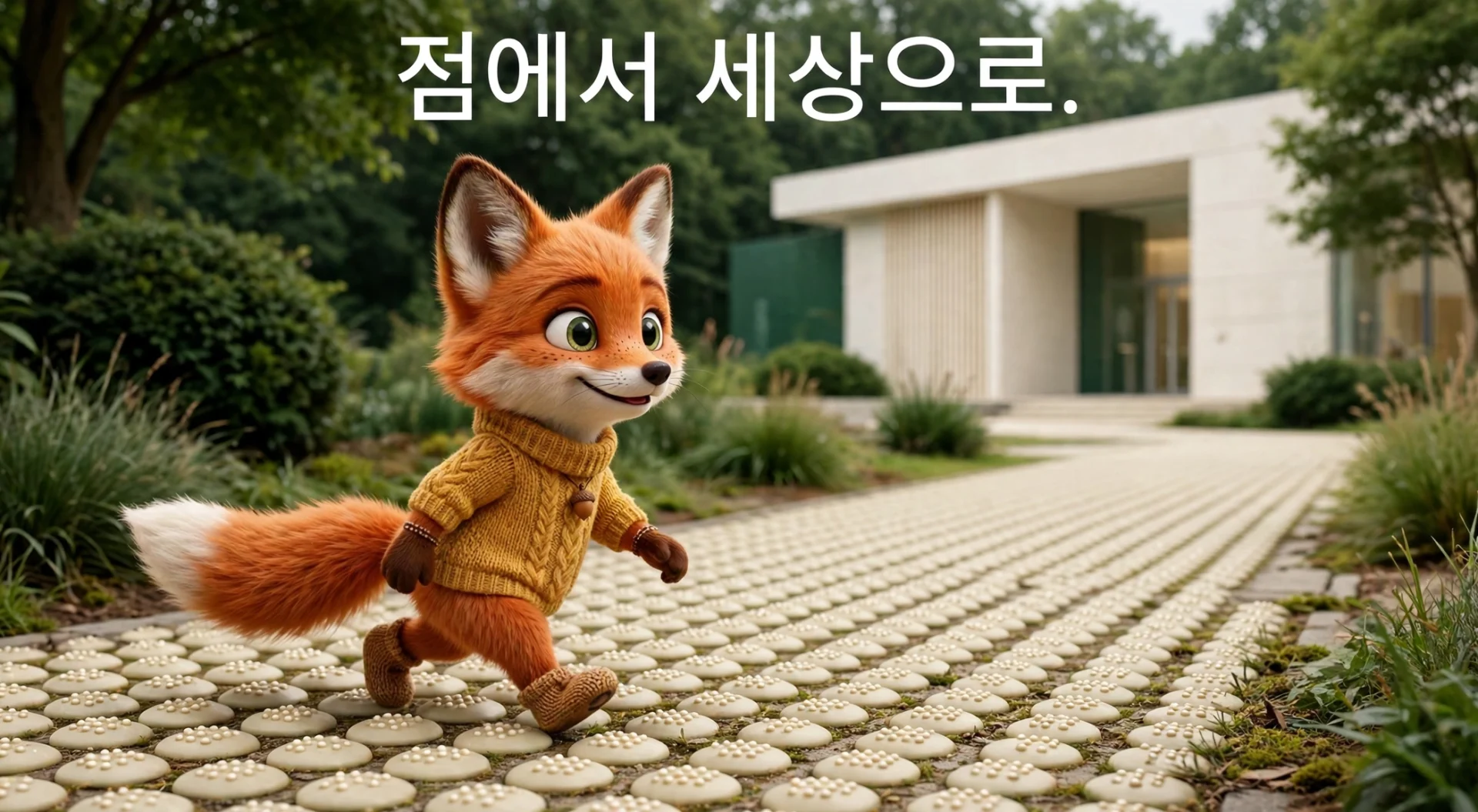 점에서 세상으로 이어지는 점자길을 걷는 여우 캐릭터 일러스트