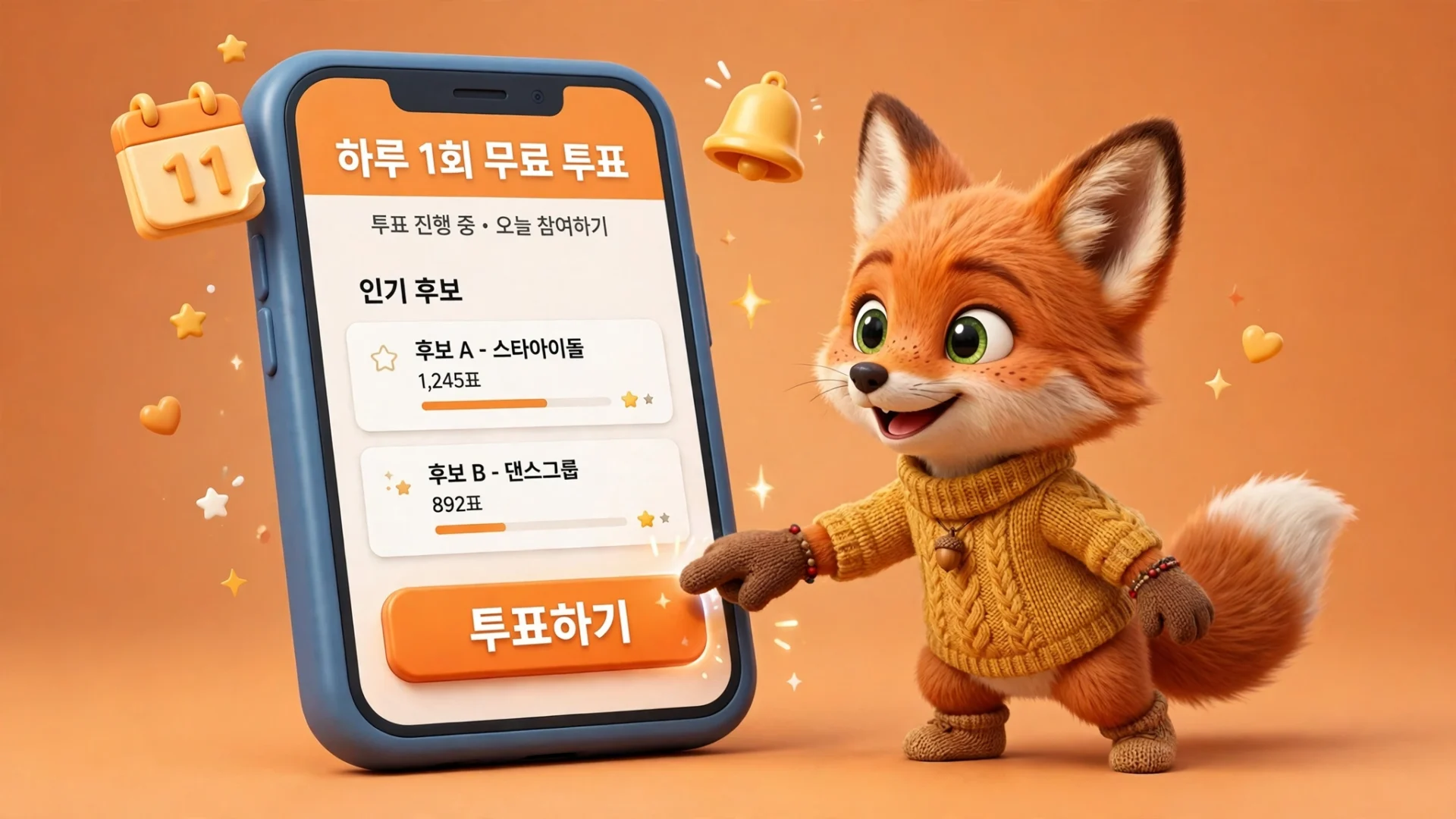 황영웅 한류연예대상 결선 투표 방법, 하루 1회 무료 투표 앱 화면을 가리키는 여우 캐릭터 일러스트