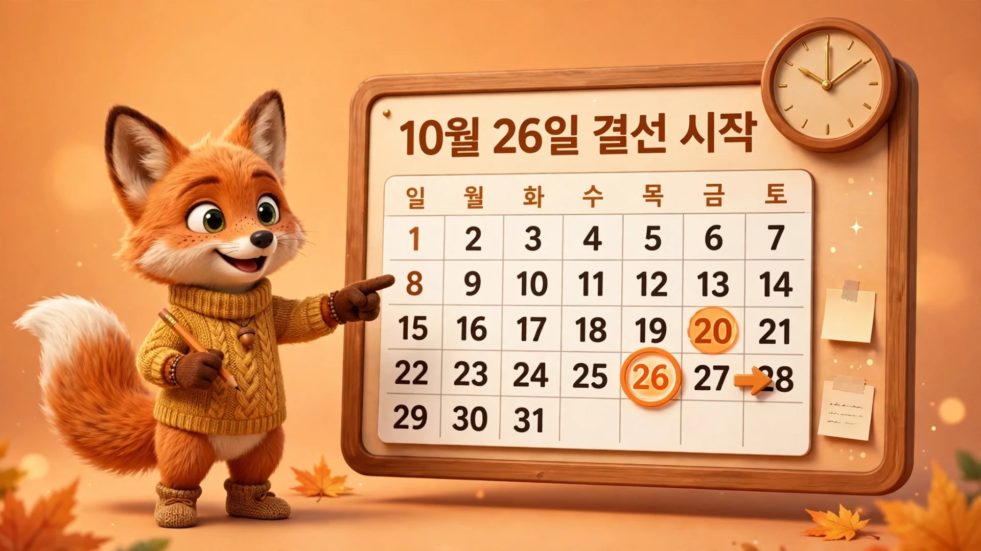 황영웅 한류연예대상 결선 투표 일정을 달력으로 안내하는 여우 캐릭터 일러스트