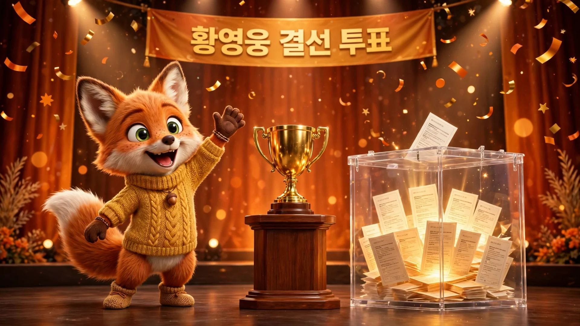 황영웅 한류연예대상 결선 투표를 응원하는 여우 캐릭터와 트로피, 투표함 일러스트