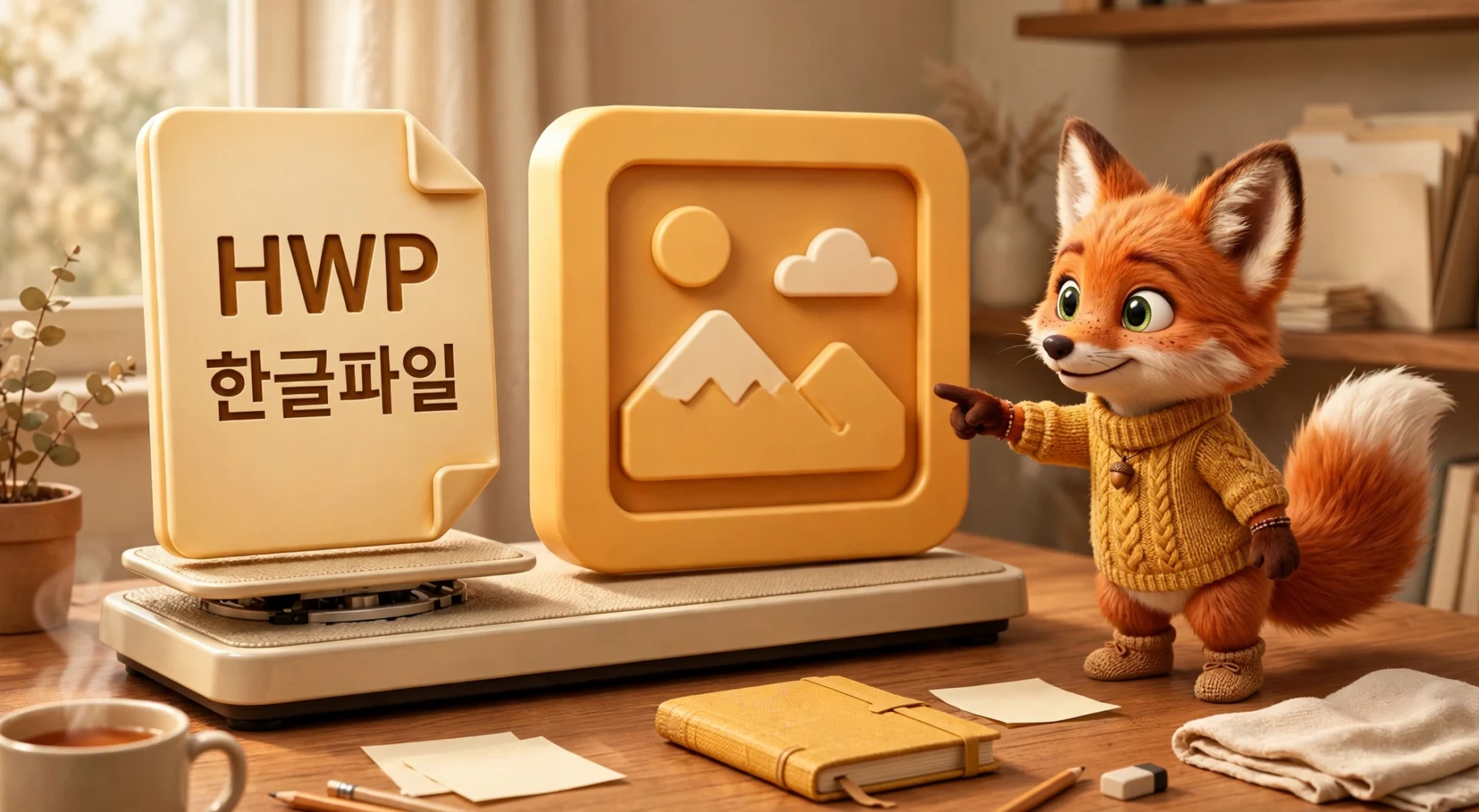 한글파일 용량 줄이기 원인 - HWP 문서와 큰 그림 아이콘이 저울 위에 올라간 모습