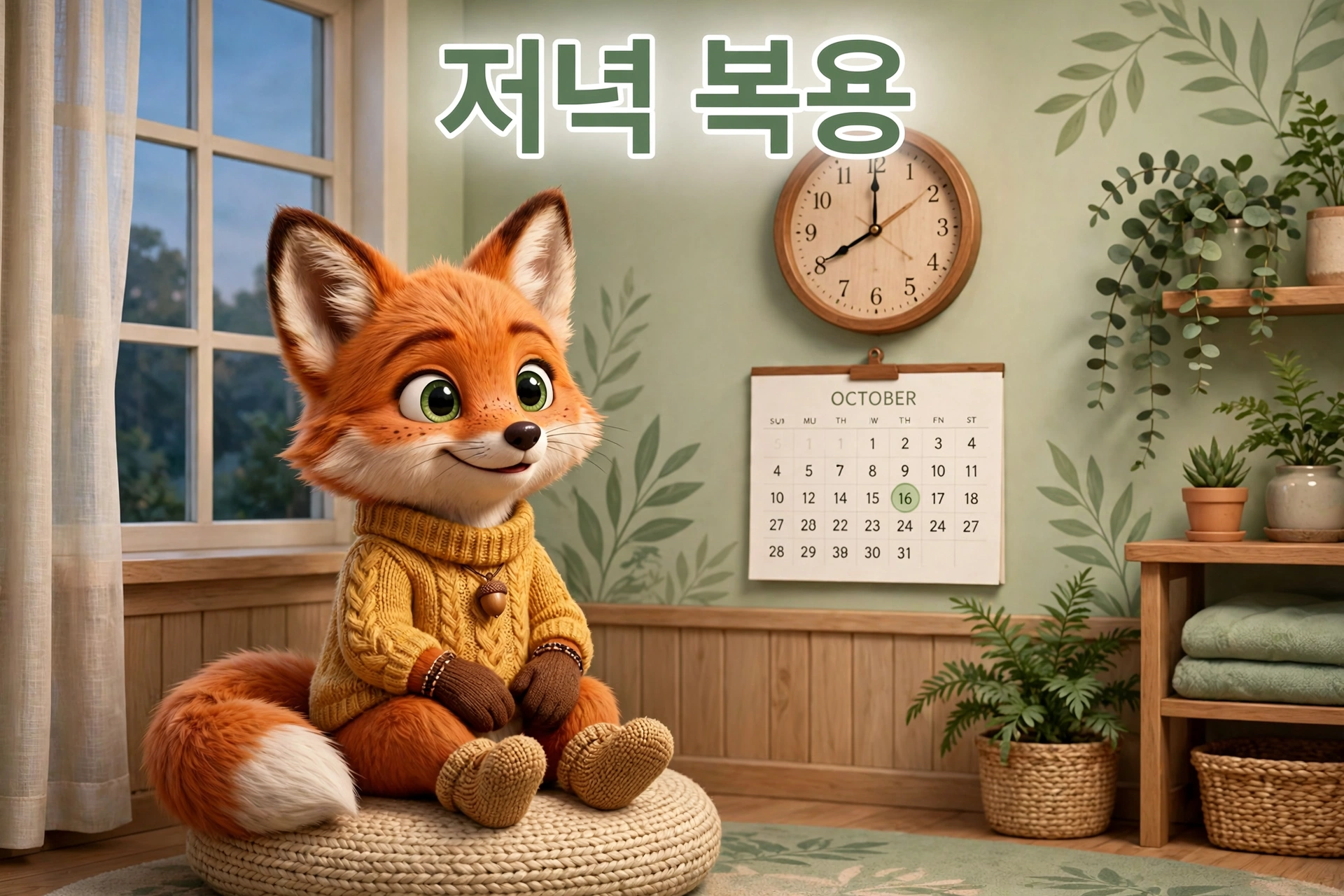 저녁 복용을 안내하는 폭스씨지 여우 캐릭터와 벽시계
