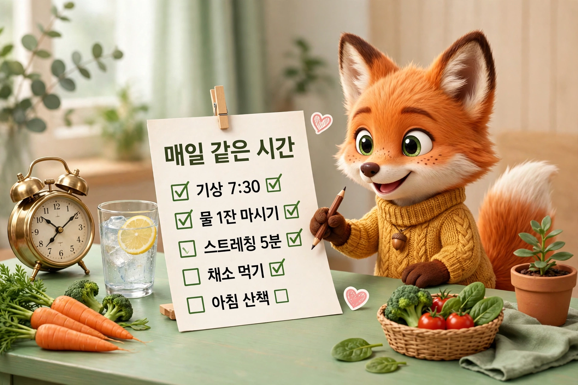 매일 같은 시간 복용 루틴을 체크하는 폭스씨지 여우 캐릭터