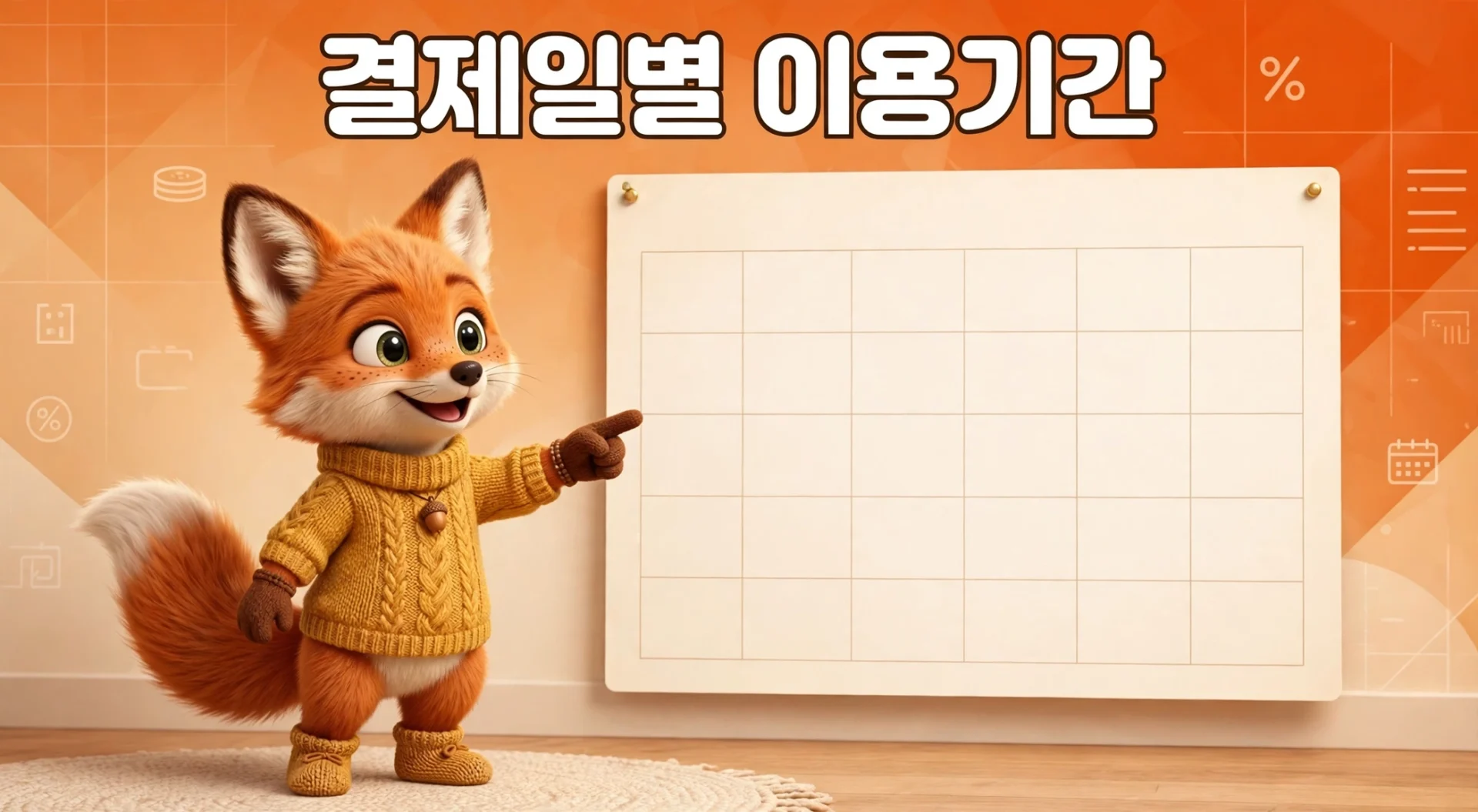 현대카드 결제일별 사용기간을 달력 앞에서 안내하는 여우 캐릭터
