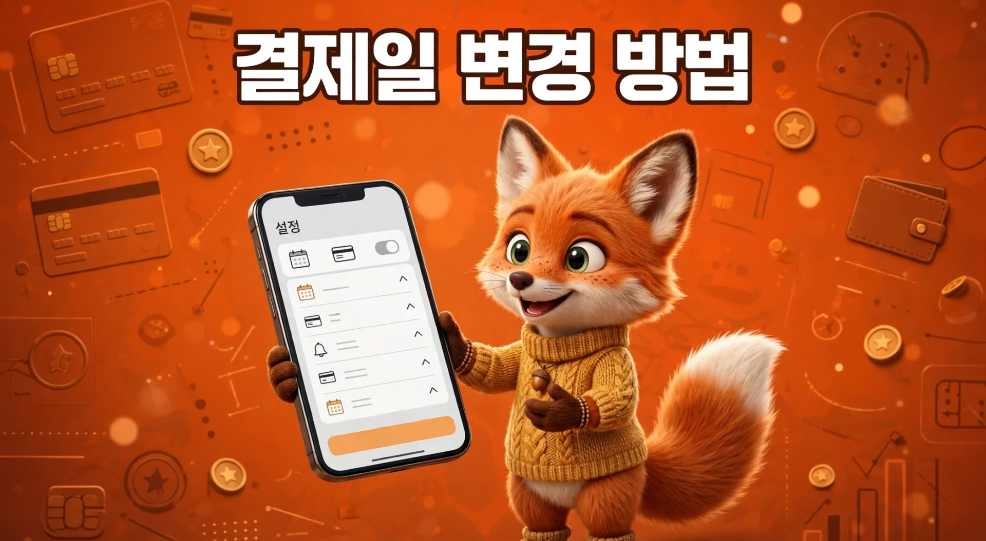 스마트폰에서 현대카드 결제일 변경 방법을 보여주는 여우 캐릭터