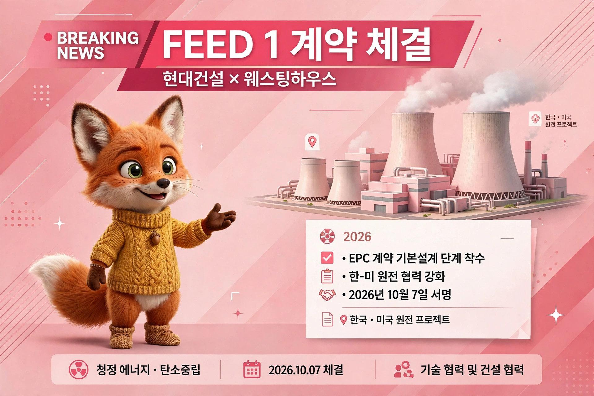 2026년 한국과 미국의 원전 프로젝트에 대한 계약 체결 소식을 알리는 이미지, 현대건설과 웨스팅하우스의 협력 내용 포함, 귀여운 여우 캐릭터가 중심에 위치.
