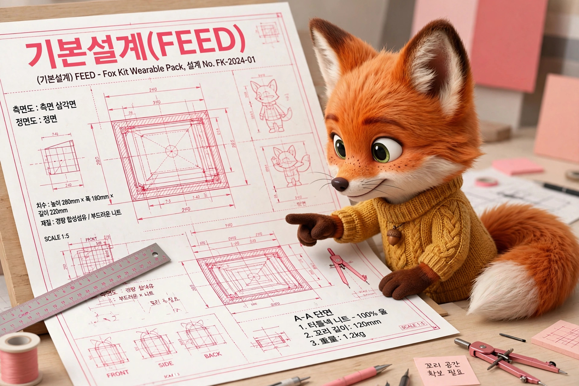 귀여운 여우 캐릭터가 '기본설계(FEED)'라는 설계 도면을 가리키고 있는 모습. 도면에는 Fox Kit Wearable Pack의 치수와 디자인 정보가 상세하게 나와 있으며, 주변에는 다양한 디자인 도구와 메모지가 놓여 있다.