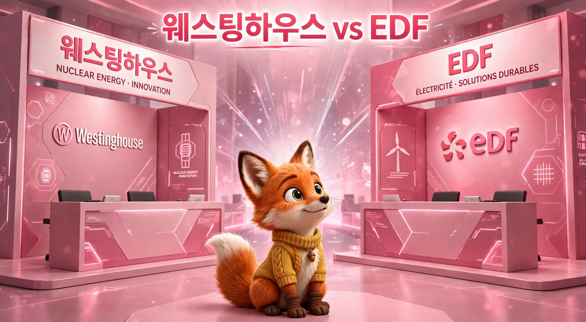 웰스팅하우스와 EDF 부스가 나란히 있는 전시회에서 노란 스웨터를 입은 귀여운 여우 캐릭터가 앉아 있는 이미지. 두 회사는 각각 원자력 에너지 혁신과 지속 가능한 전기 솔루션을 대표하고 있다.