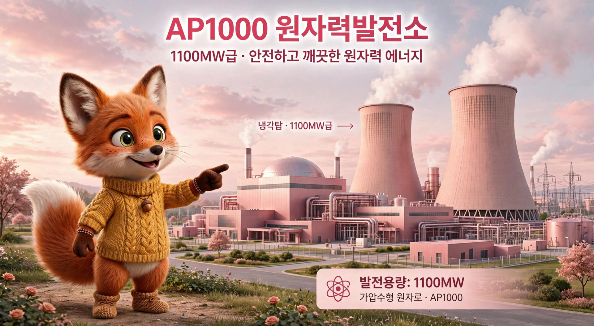 AP1000 원자력 발전소 이미지로, 1100MW급의 안전하고 깨끗한 원자력 에너지를 상징하는 귀여운 여우 캐릭터가 등장하며, 배경에는 발전소와 냉각탑이 보인다.