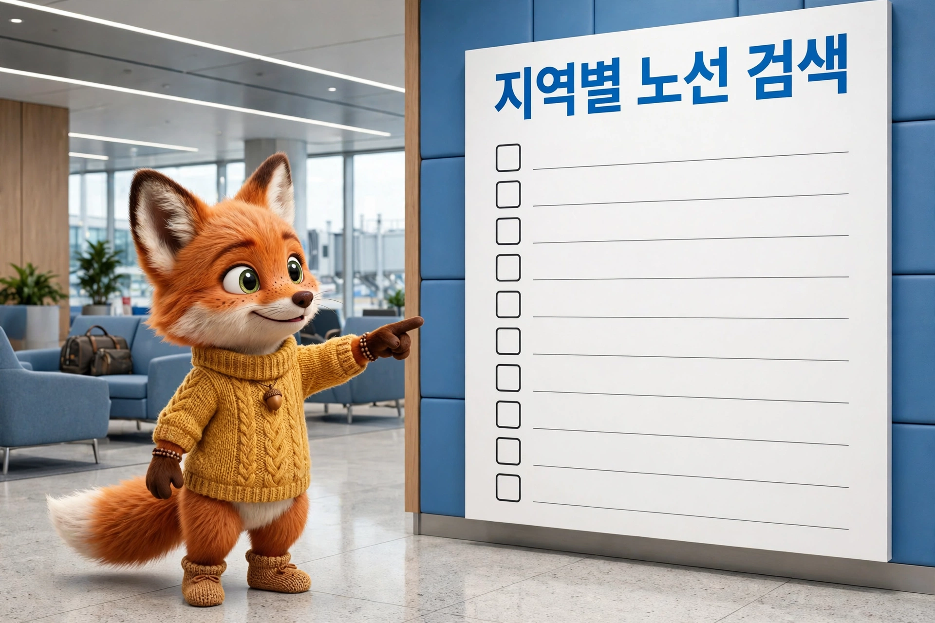 지역별 노선 검색 안내판을 가리키는 여우 캐릭터