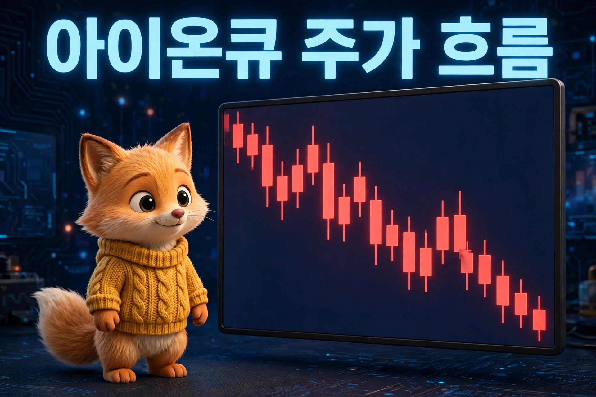 하락하는 주가 차트 앞에 선 여우 캐릭터