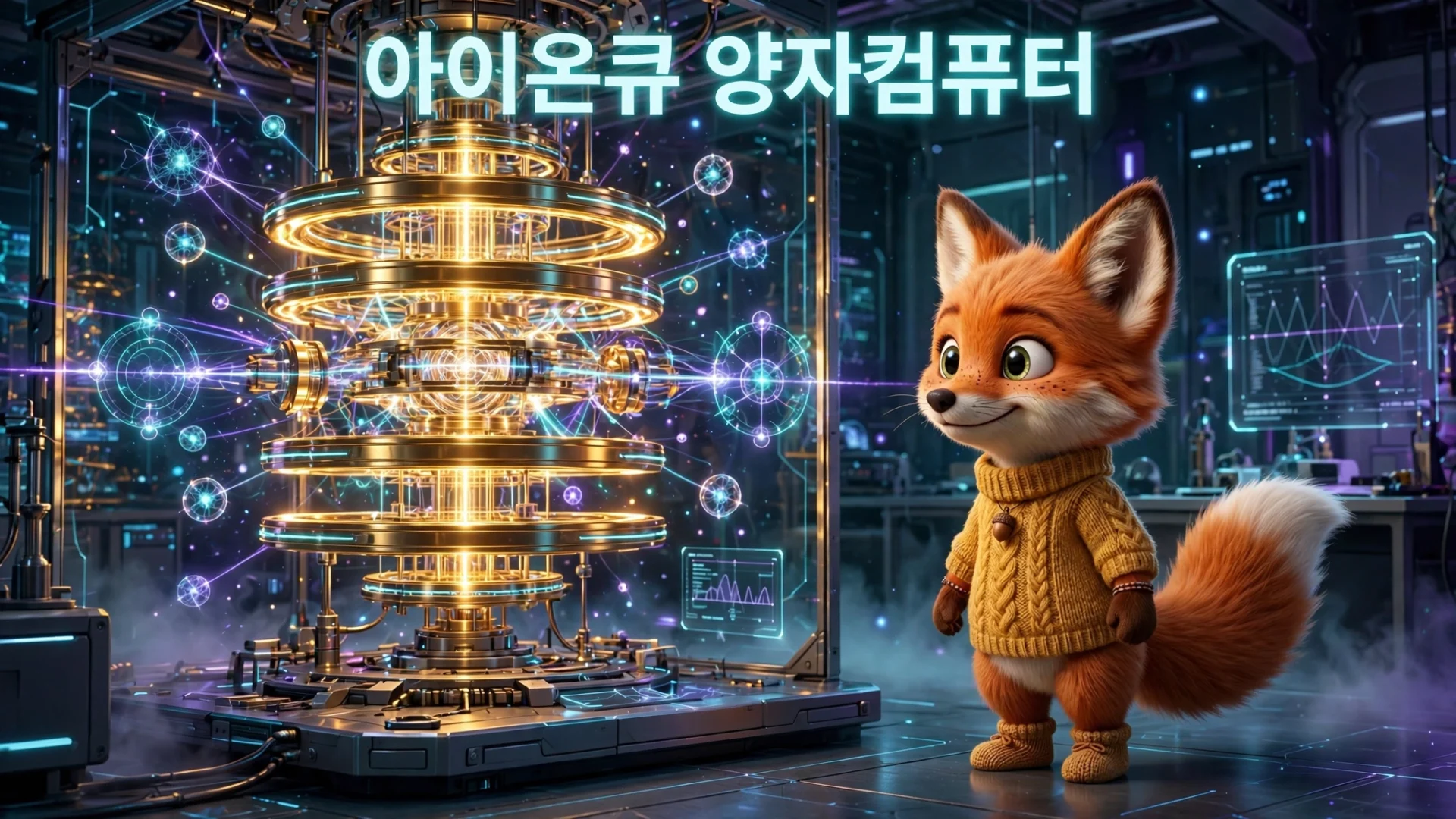 양자컴퓨터 앞에서 서 있는 여우 캐릭터