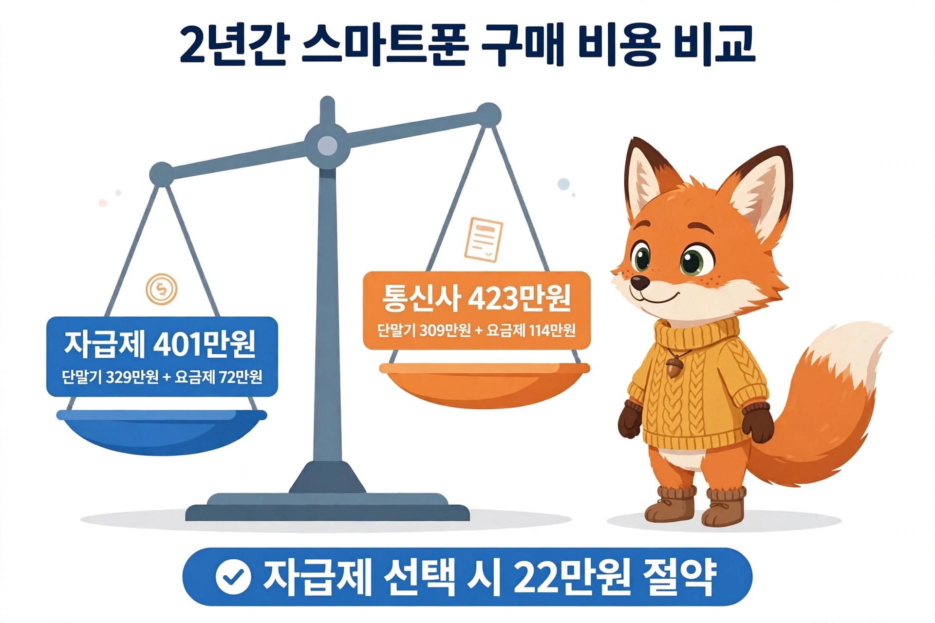 2년간 스마트폰 구매 비용을 비교한 이미지로, 자급제와 통신사 옵션의 가격 차이를 보여줌. 자급제는 총 401만원, 통신사는 423만원이며, 자급제를 선택할 경우 22만원 절약 가능. 귀여운 여우 캐릭터가 함께 있는 그래픽.