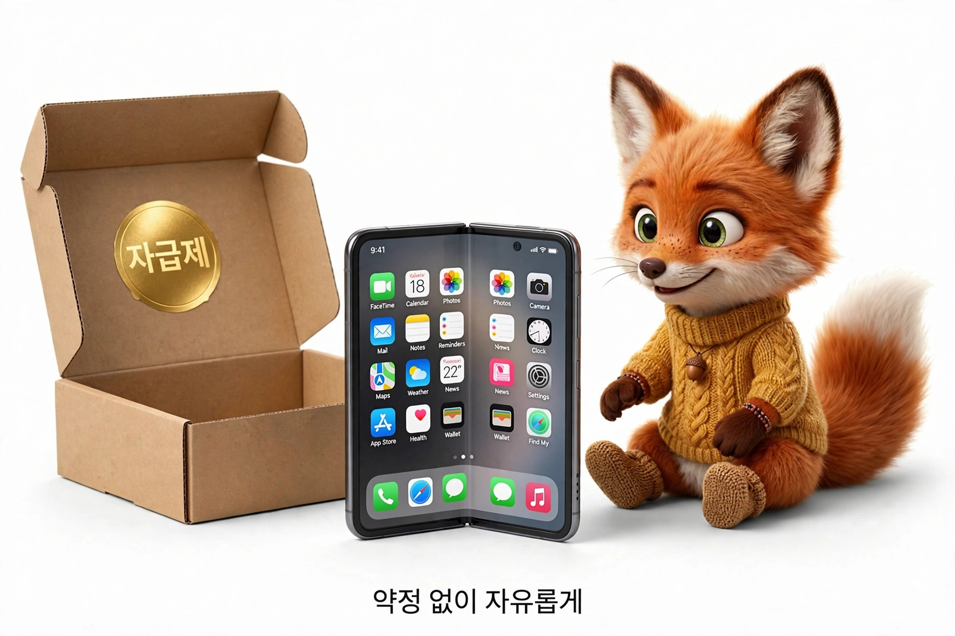 귀여운 여우 인형이 펼쳐진 스마트폰 옆에 앉아 있는 이미지, 배경에는 박스와 '자급제' 스티커가 보임. 스마트폰 화면에는 다양한 앱 아이콘이 표시되어 있음.