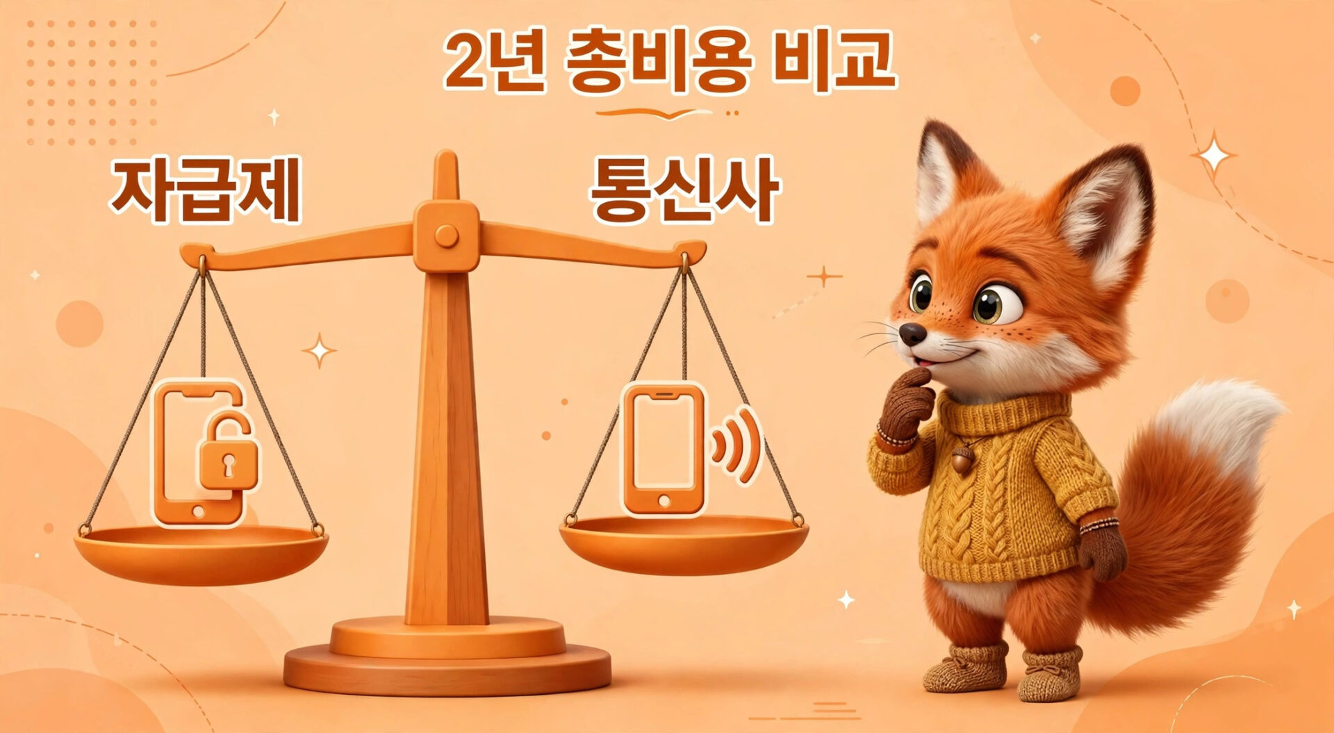 2년 총비용 비교를 나타내는 이미지로, 자급제와 통신사를 각각 상징하는 아이콘이 저울에 균형을 이루고 있다. 오른쪽에는 귀여운 여우 캐릭터가 생각에 잠긴 모습으로 서 있다. 배경은 부드러운 오렌지색이다.