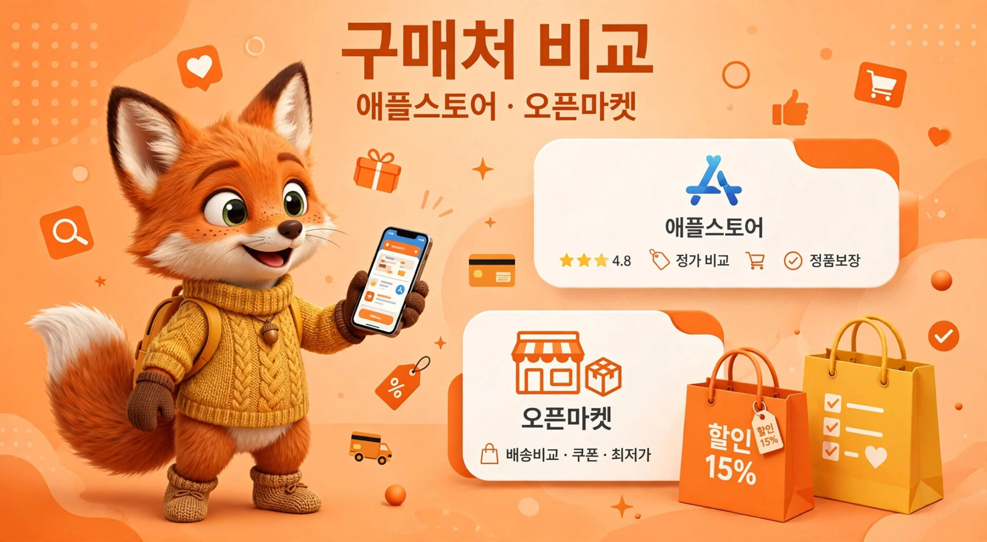 구매처 비교를 위한 이미지로, 애플스토어와 오픈마켓의 장점과 특징을 설명하는 캐릭터가 스마트폰을 들고 있습니다. 배경은 주황색이며, 다양한 쇼핑 아이콘과 정보가 포함되어 있어 온라인 쇼핑 비교의 중요성을 강조합니다.