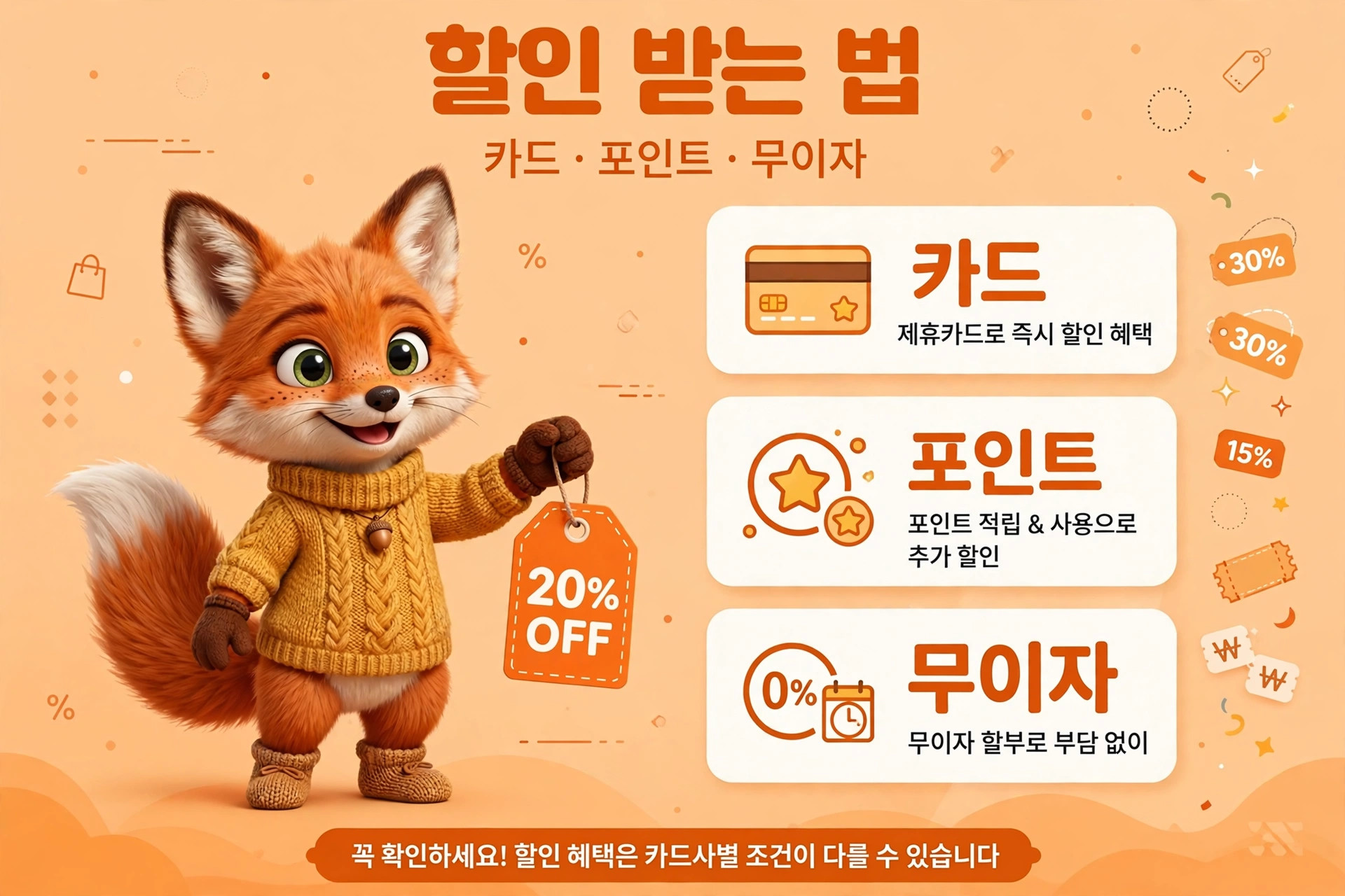 할인 혜택을 안내하는 귀여운 여우 캐릭터와 카드, 포인트, 무이자 할인 정보를 포함한 이미지. 카드로 즉시 할인, 포인트 적립 및 사용으로 추가 할인, 무이자 혜택 설명.