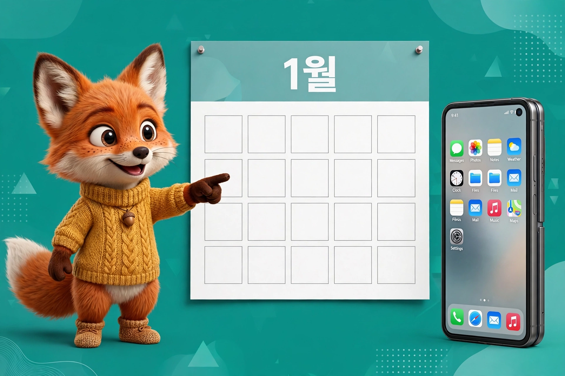아이폰 듀오 배송 내년 1월 달력을 가리키는 여우 캐릭터
