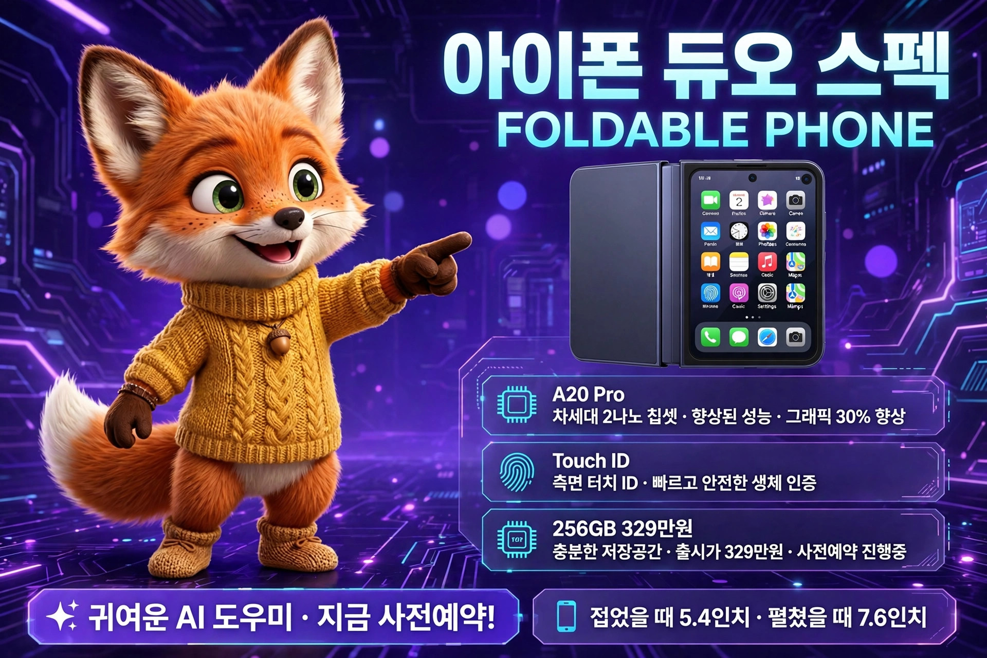 귀여운 여우 캐릭터가 아이폰 듀오 스펙 폴더블 폰을 소개하는 이미지, A20 Pro 칩셋과 Touch ID 기능, 256GB 저장공간 및 사전 예약 정보 포함.