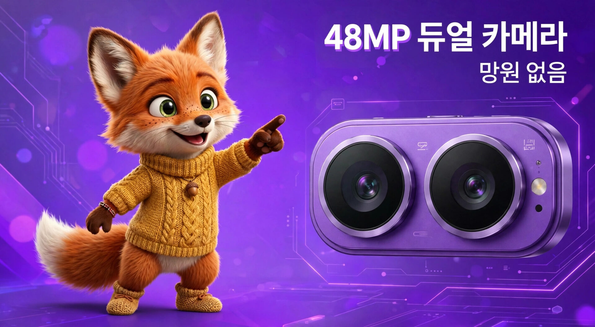 48MP 듀얼 카메라와 함께 있는 귀여운 여우 캐릭터가 손가락으로 가리키고 있는 이미지, 배경은 보라색과 기술적인 패턴으로 구성되어 있습니다.