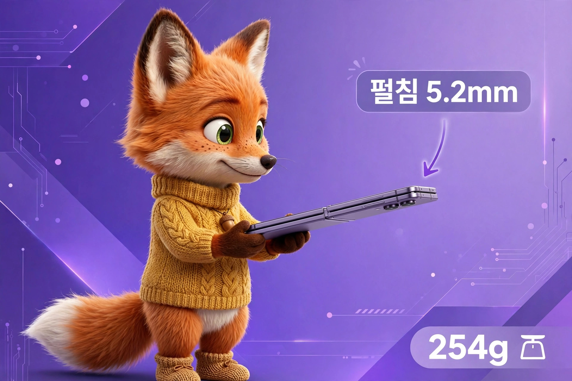 귀여운 여우 캐릭터가 5.2mm 두께의 노트북을 들고 있는 모습, 배경은 보라색으로 디지털 패턴이 포함되어 있으며, 제품의 무게는 254g입니다.