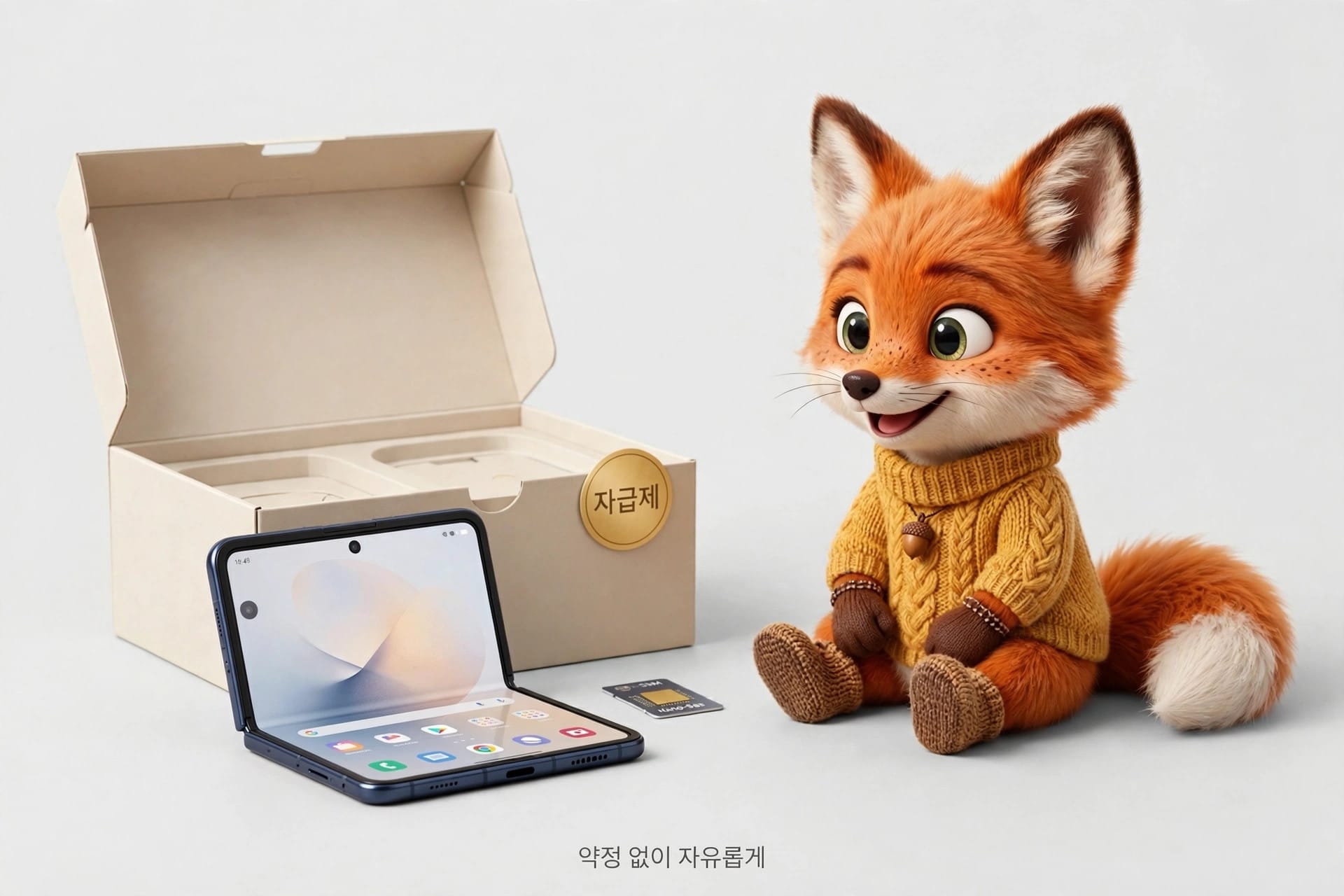 자급제 아이폰 듀오와 함께 있는 귀여운 여우 캐릭터, 열려 있는 박스와 펼쳐진 스마트폰이 보이며, 메모리 카드가 바닥에 놓여 있는 이미지.