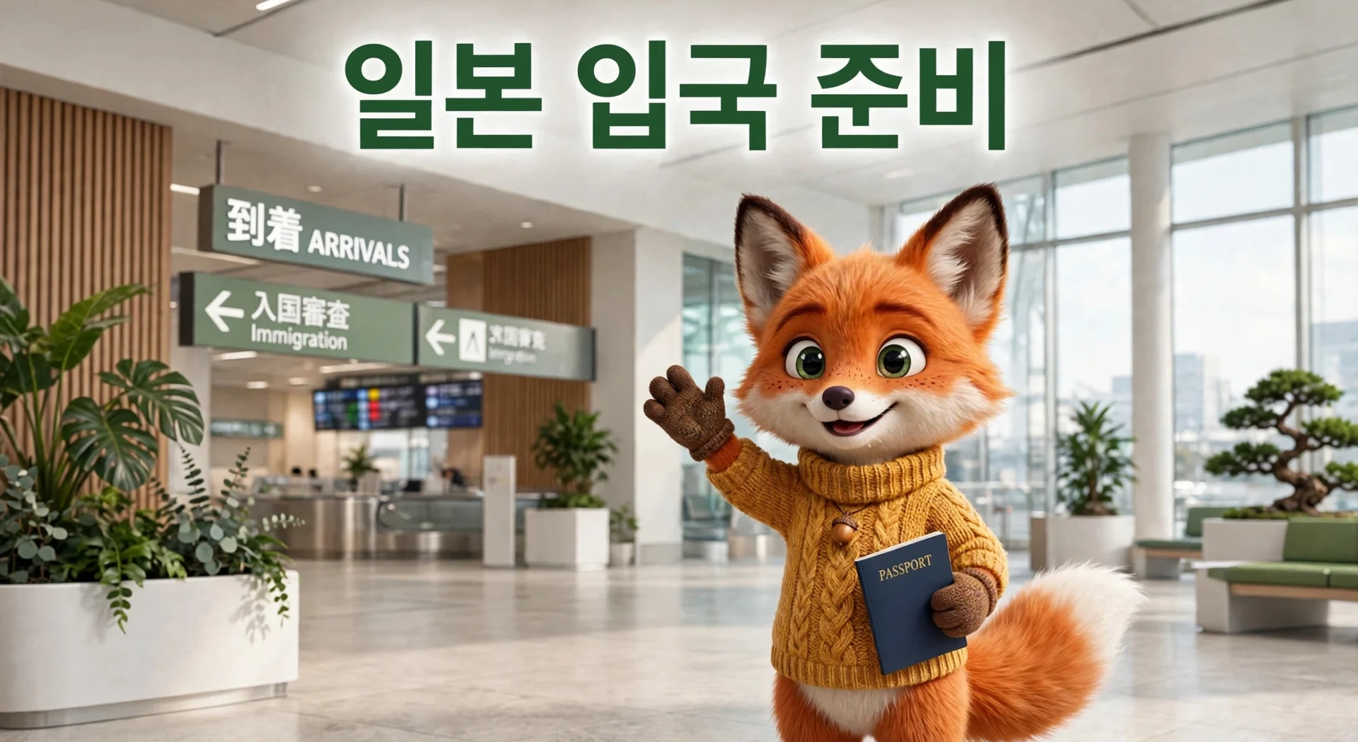 일본 공항 도착장에서 여권을 들고 안내하는 여우 캐릭터