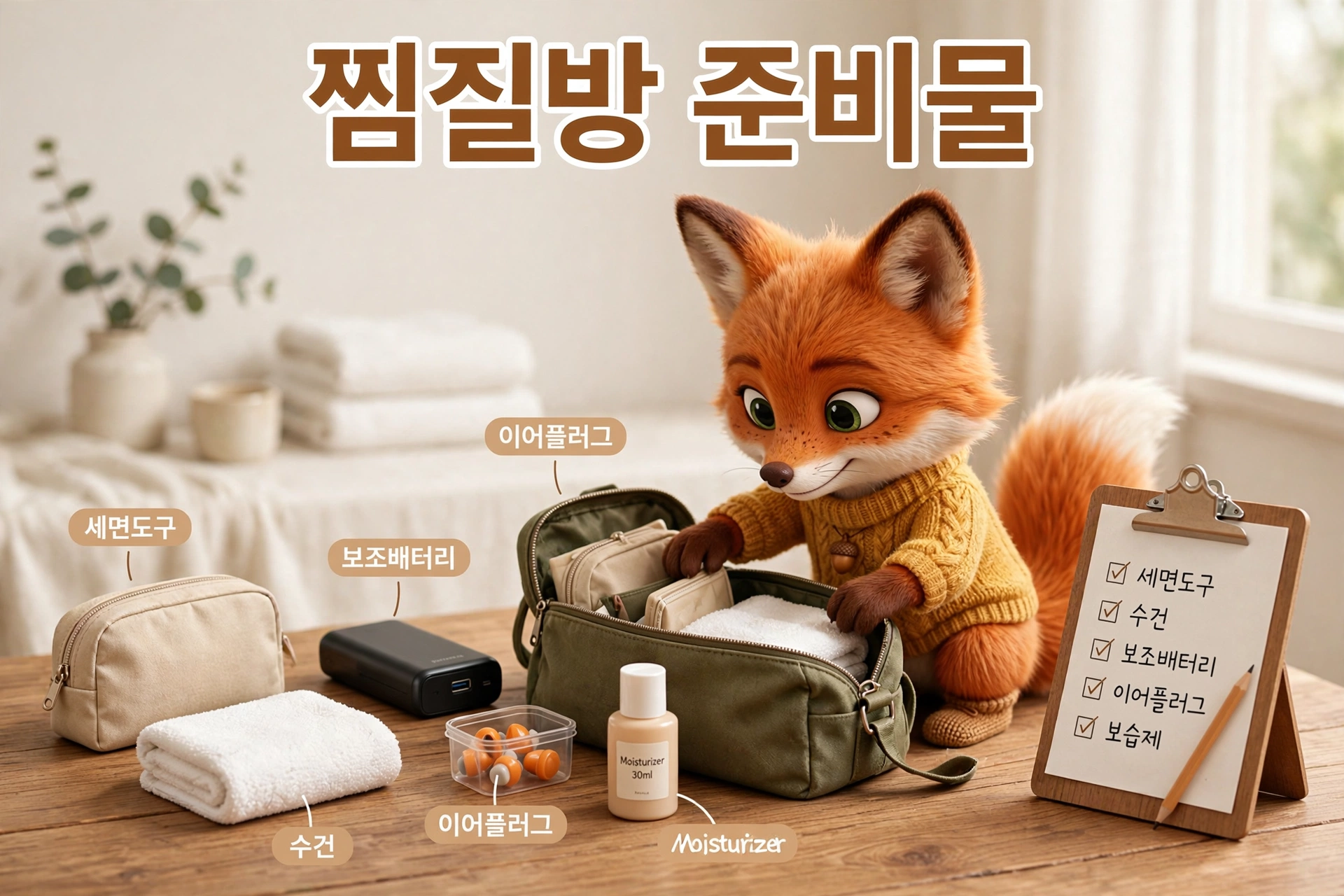 찜질방 준비물 (세면도구·수건·보조배터리·이어플러그·보습제)