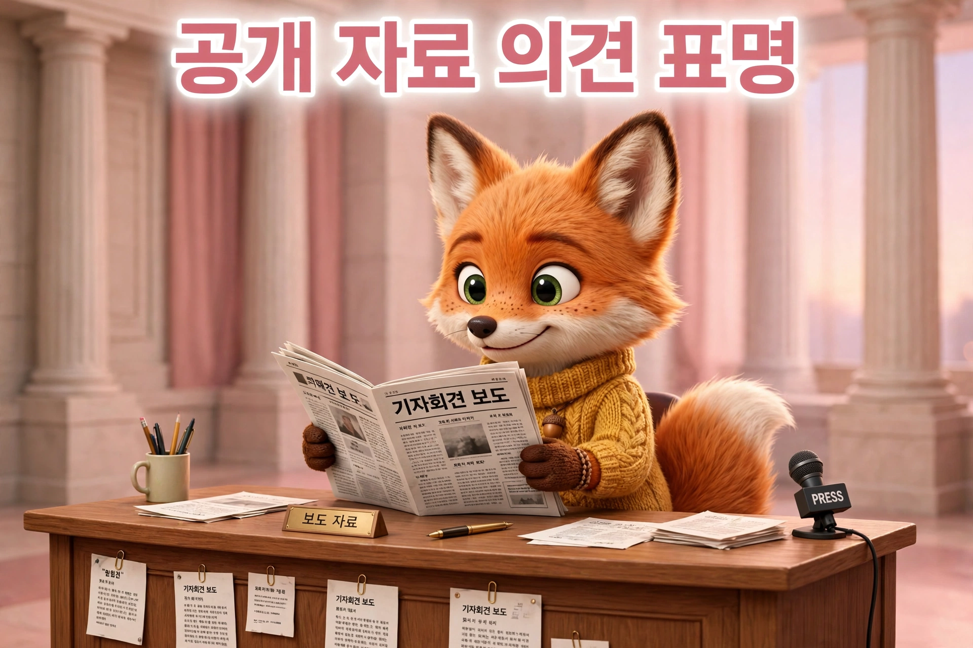 공개 자료를 바탕으로 한 의견 표명이라는 법원 판단 취지를 설명하는 신문 읽는 여우 캐릭터 일러스트