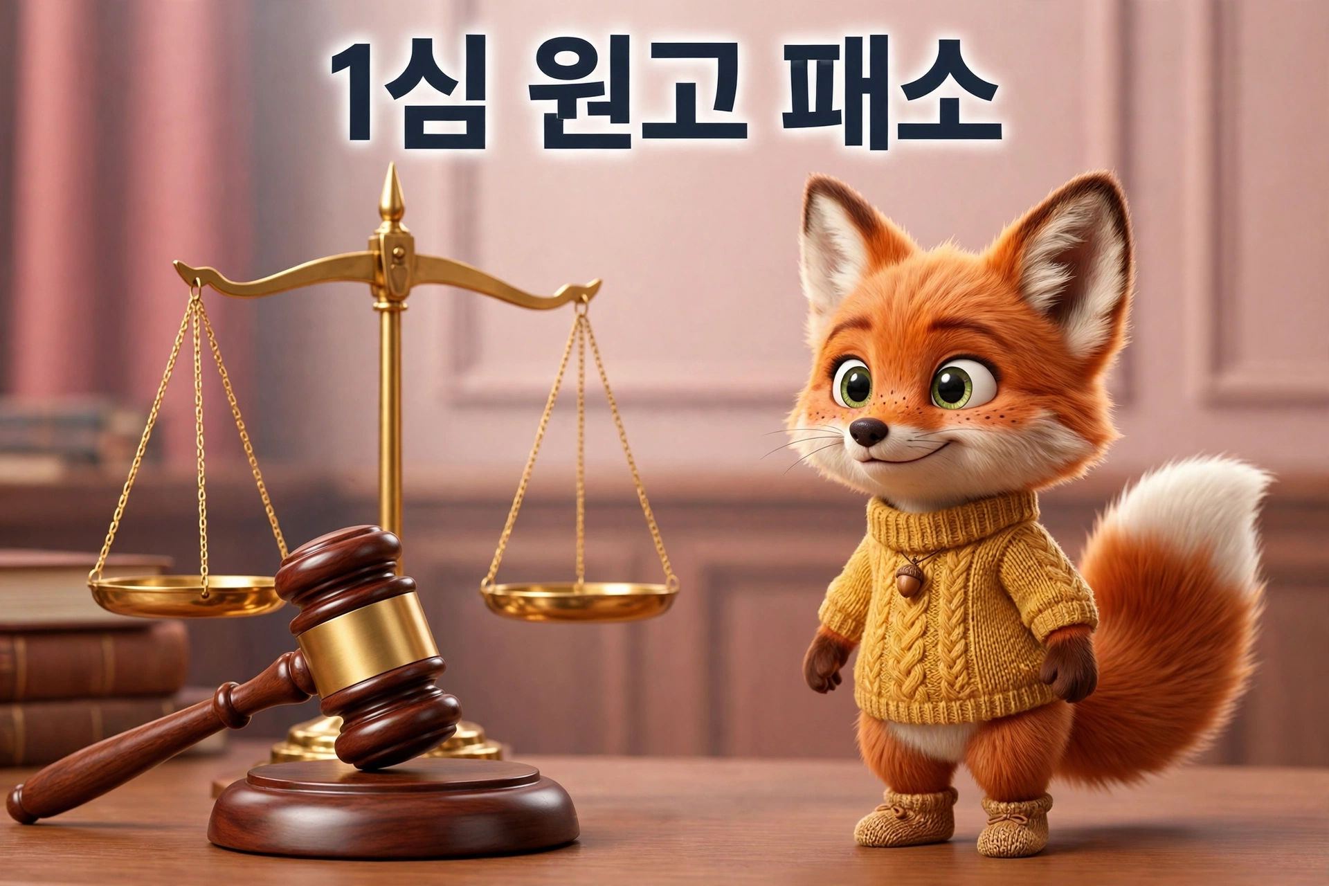 수원지법 1심 원고 패소 판결을 설명하는 여우 캐릭터와 법정 저울 일러스트