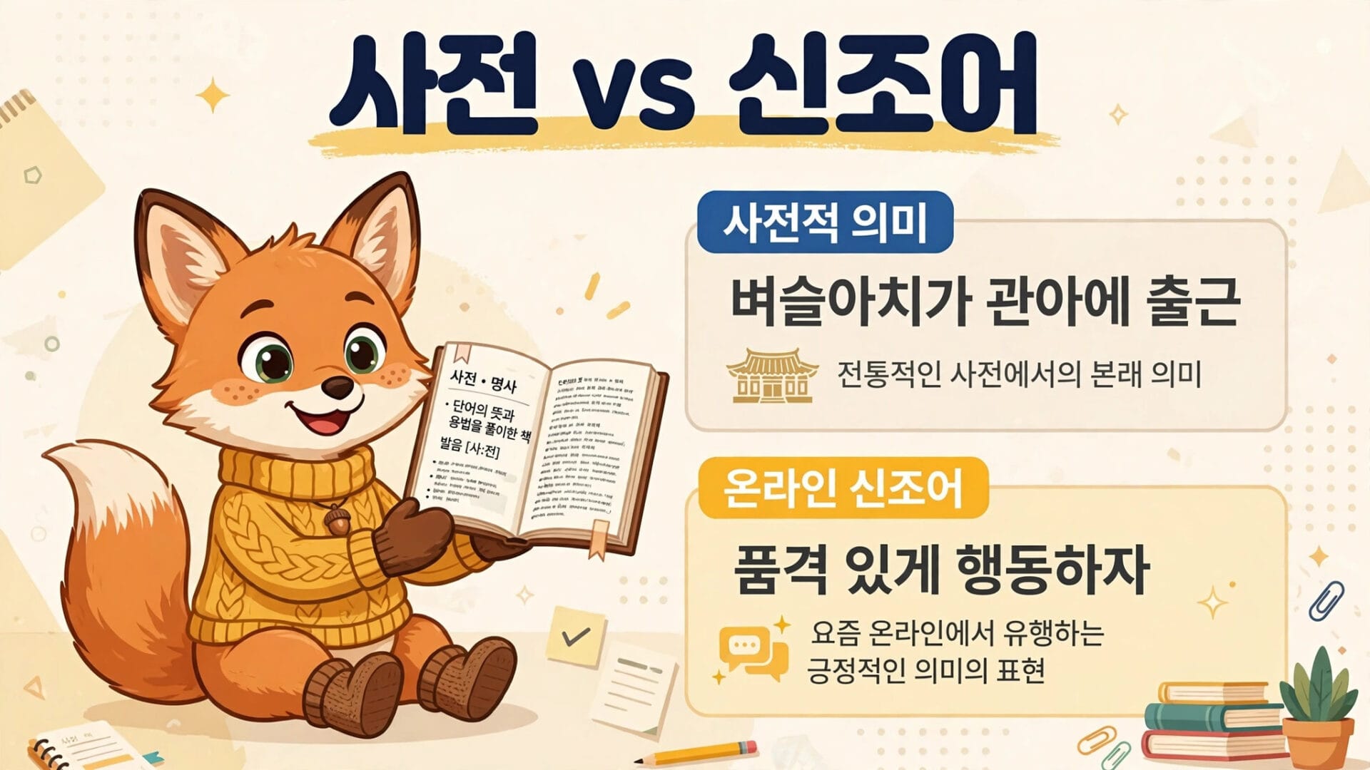 사전과 신조어의 비교를 나타내는 이미지로, 귀여운 여우 캐릭터가 책을 들고 있으며, 사전적 의미와 온라인 신조어의 정의가 설명되어 있다. 좌측에는 "사전"의 의미와 관련된 내용이, 우측에는 "신조어"에 대한 설명이 담겨 있다.
