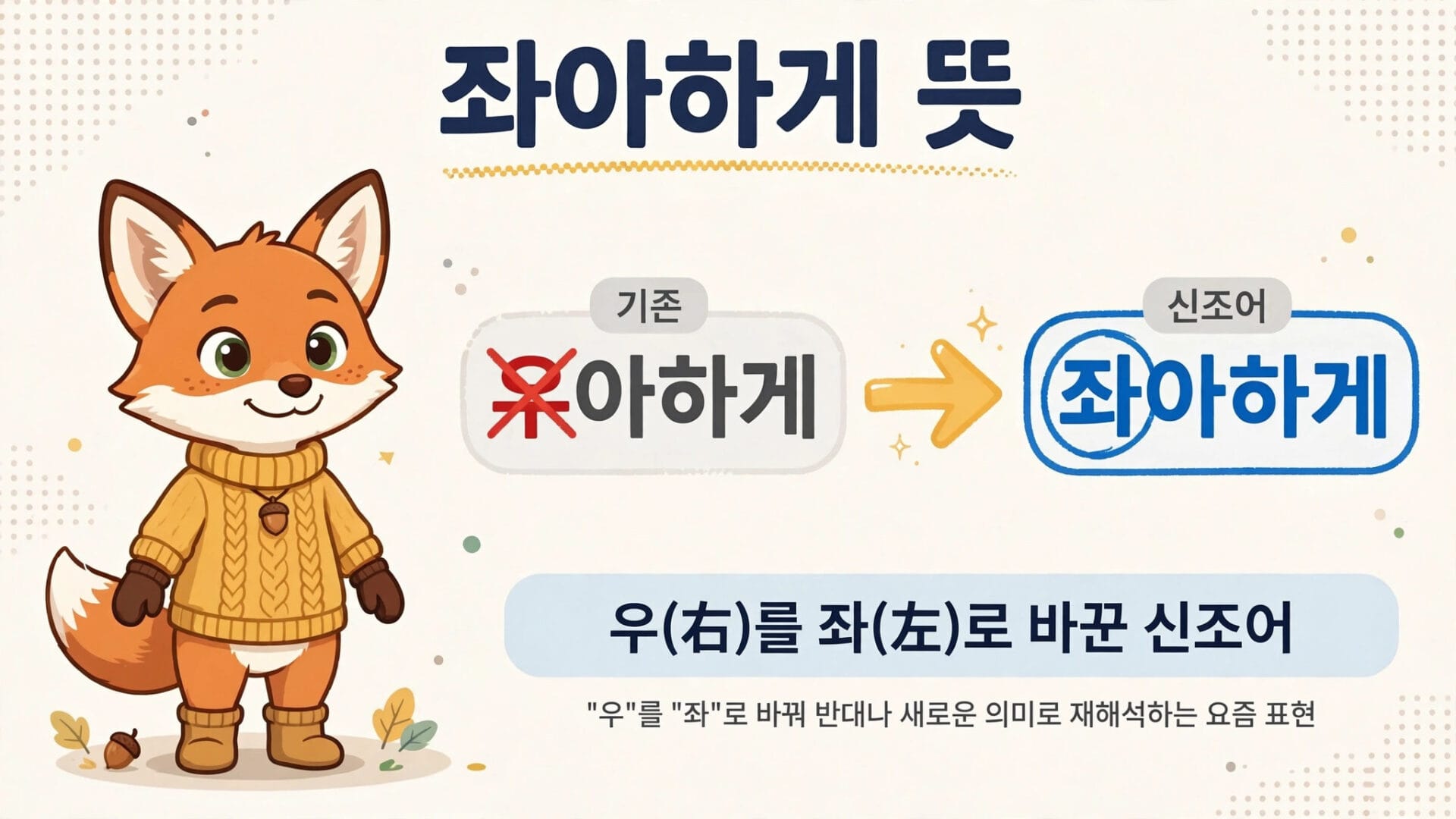 좌아하게 뜻에 대한 설명과 신조어의 변화를 보여주는 이미지, 좌파의 우(右)를 좌(左)로 바꾼 새로운 표현을 시각적으로 표현. 귀여운 여우 캐릭터가 등장하여 친근한 느낌을 더함.