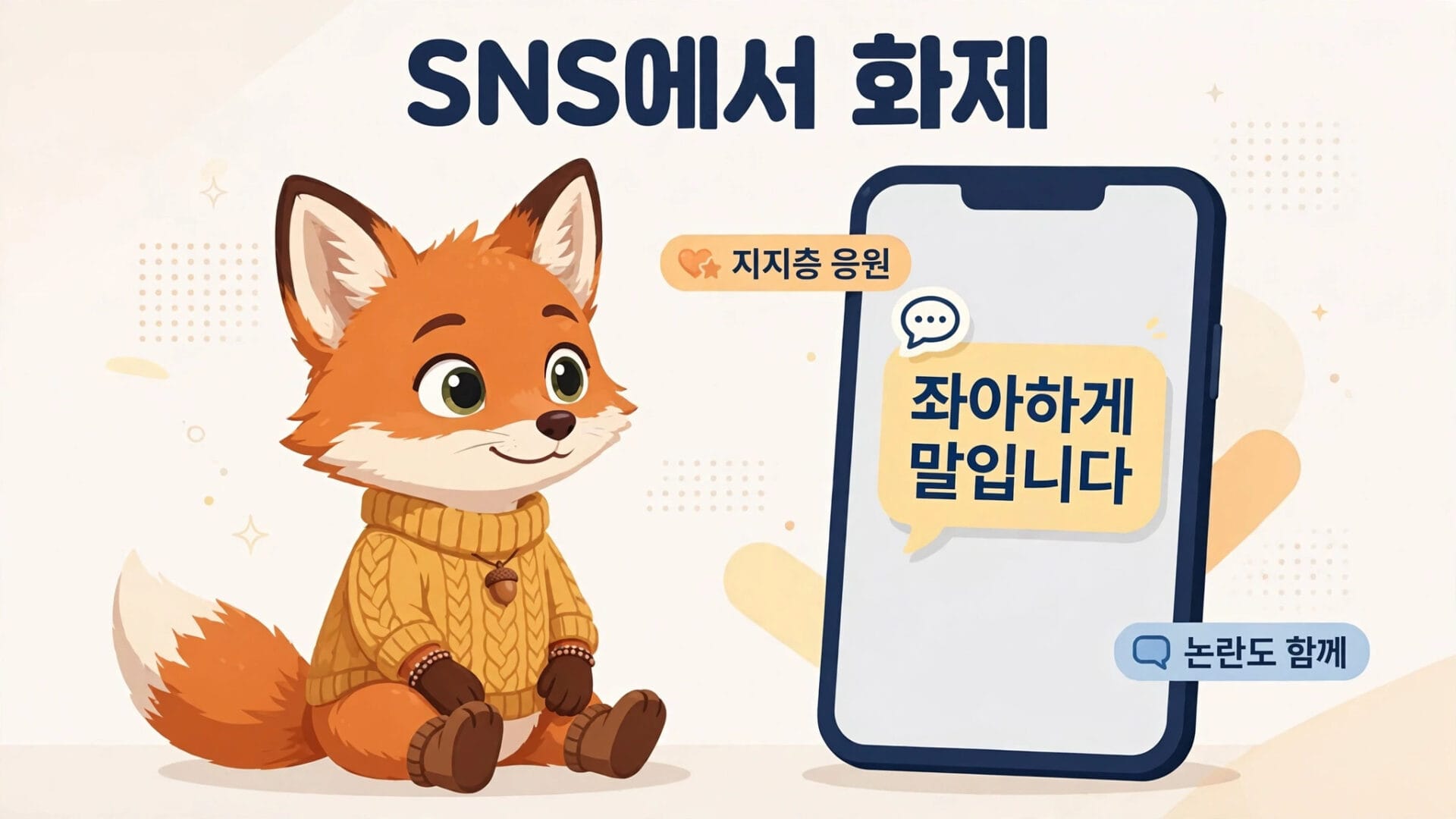 SNS에서 '좌아하게'라는 표현을 사용하는 귀여운 여우 캐릭터와 스마트폰 화면에 쓰인 메시지 내용이 담긴 이미지.